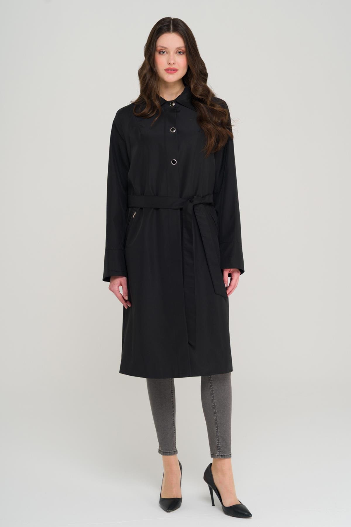 Gömlek Yaka Metal Aksesurarlı Büyük Beden Trençkot SİYAH 4304