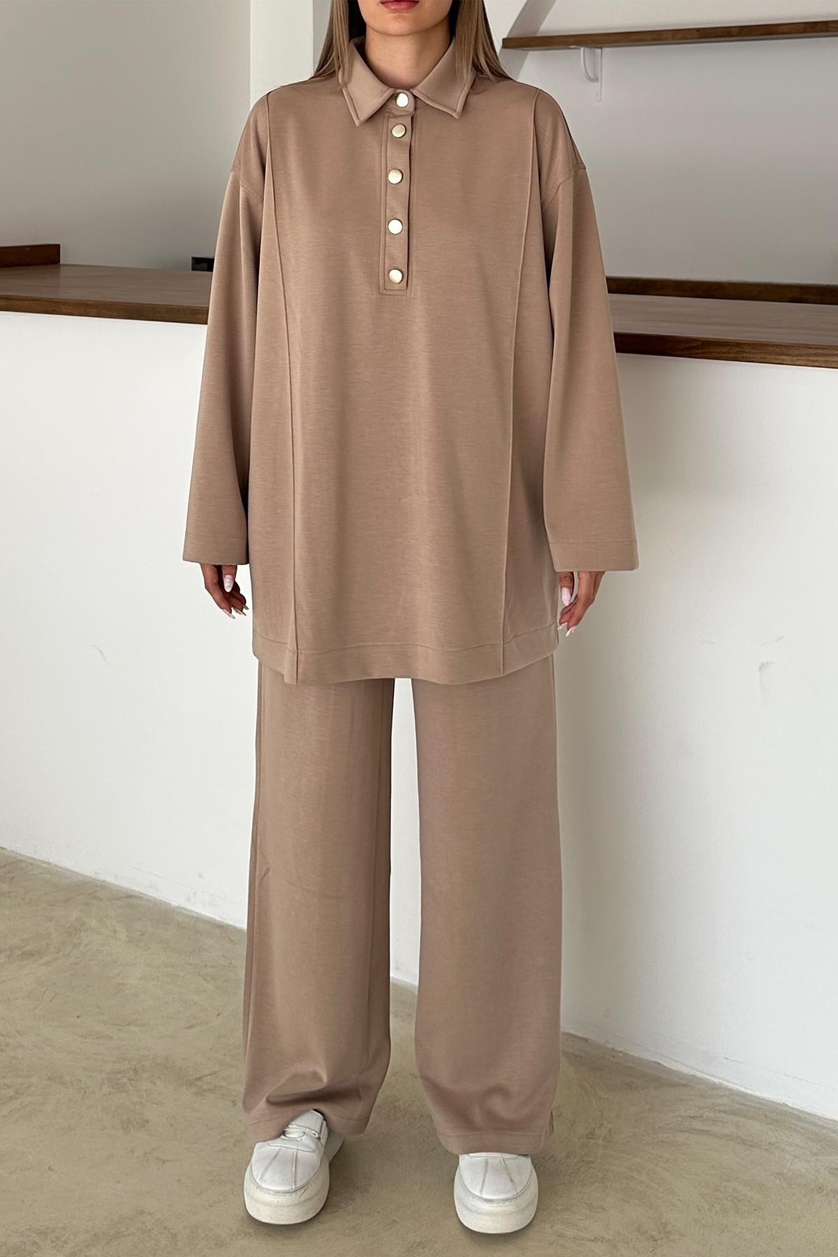 Gömlek Yaka Premium Örme Kumaş Tunik Pantolon Takım KAMEL 9374-TK