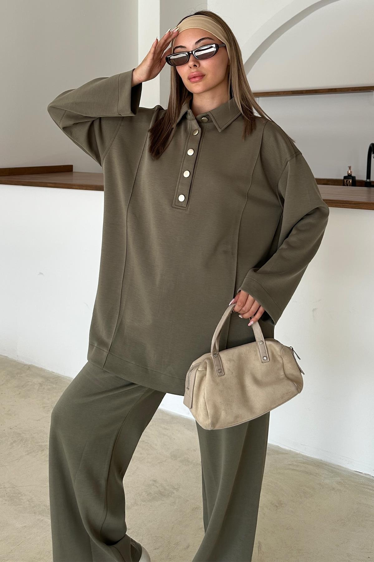 Gömlek Yaka Premium Örme Kumaş Tunik Pantolon Takım HAKİ 9374-TK