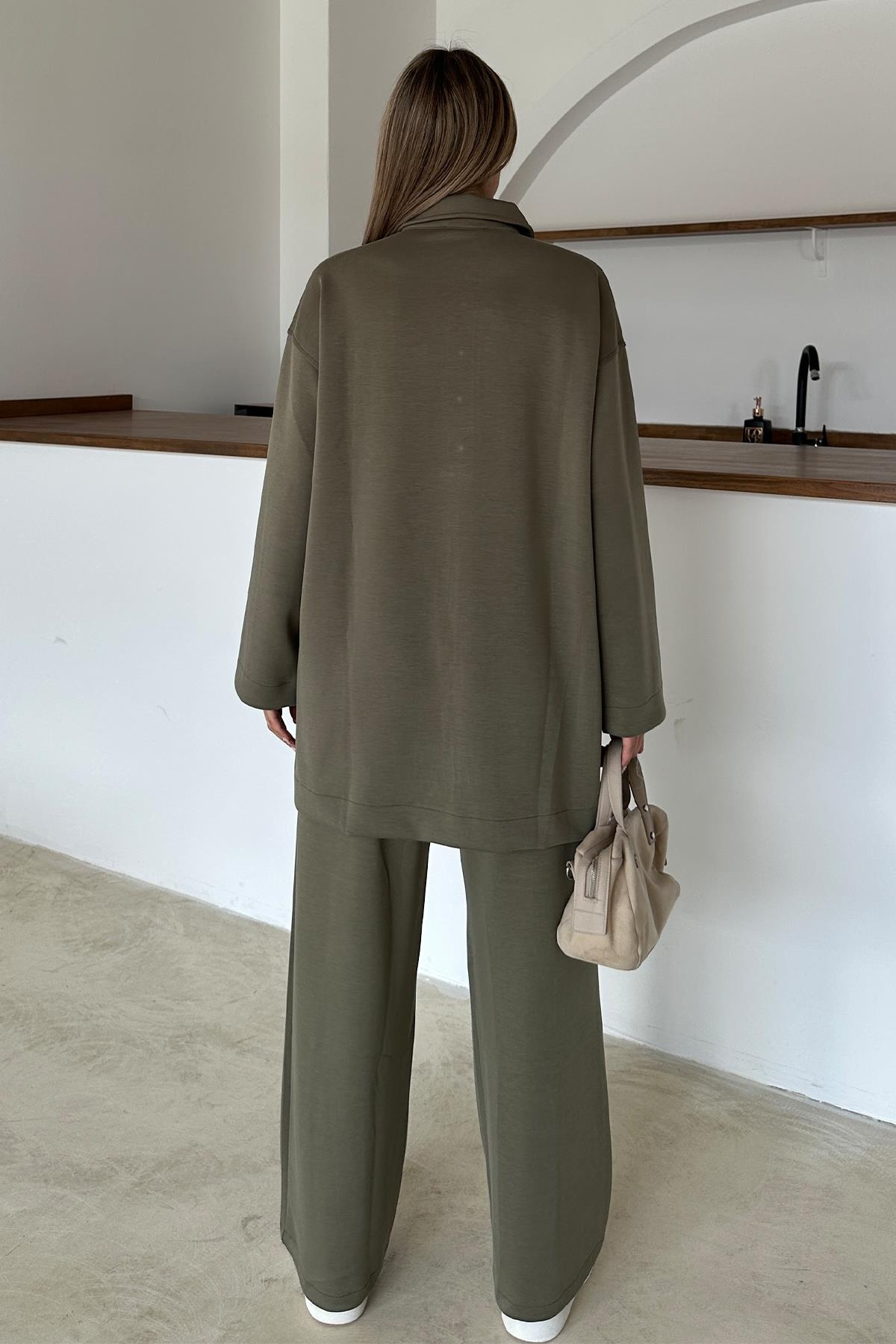 Gömlek Yaka Premium Örme Kumaş Tunik Pantolon Takım HAKİ 9374-TK