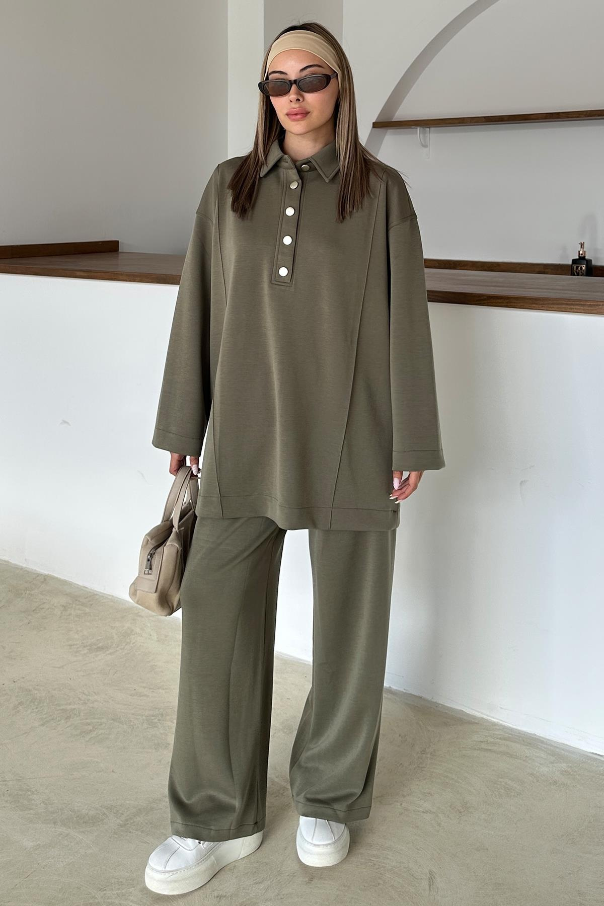 Gömlek Yaka Premium Örme Kumaş Tunik Pantolon Takım HAKİ 9374-TK