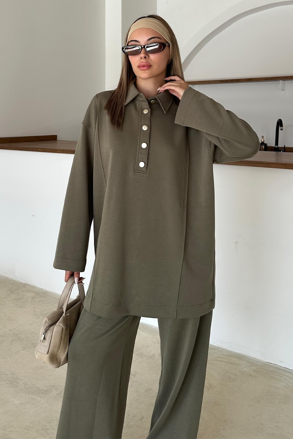 Gömlek Yaka Premium Örme Kumaş Tunik Pantolon Takım HAKİ 9374-TK