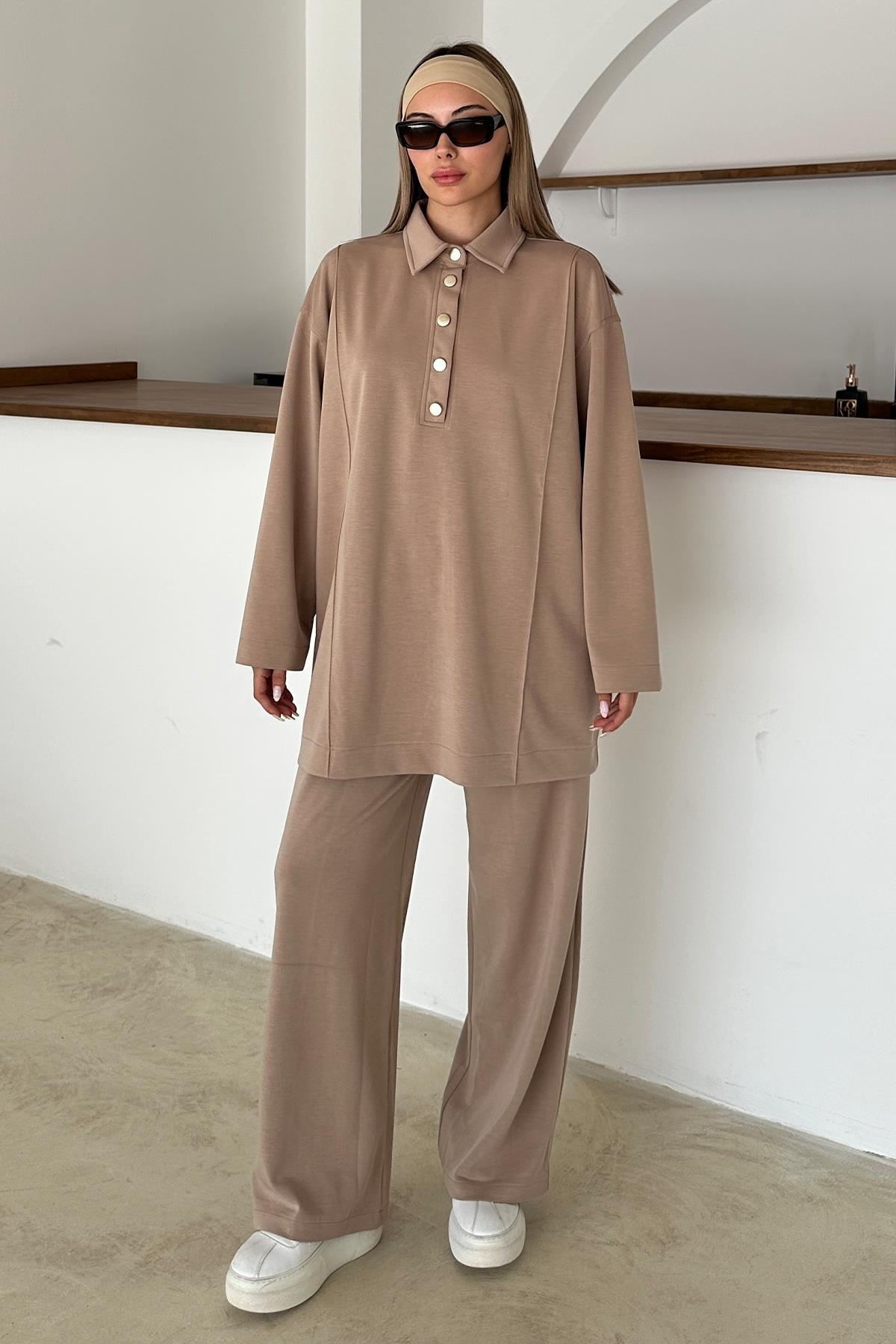 Gömlek Yaka Premium Örme Kumaş Tunik Pantolon Takım KAMEL 9374-TK
