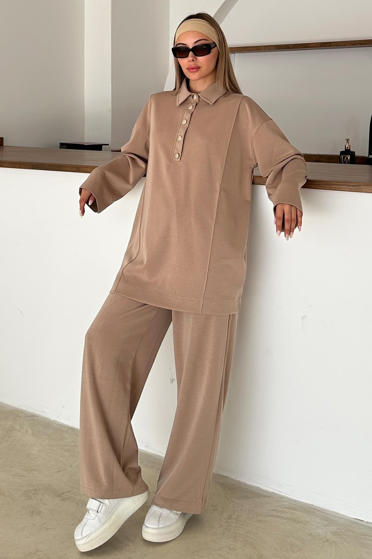Gömlek Yaka Premium Örme Kumaş Tunik Pantolon Takım KAMEL 9374-TK