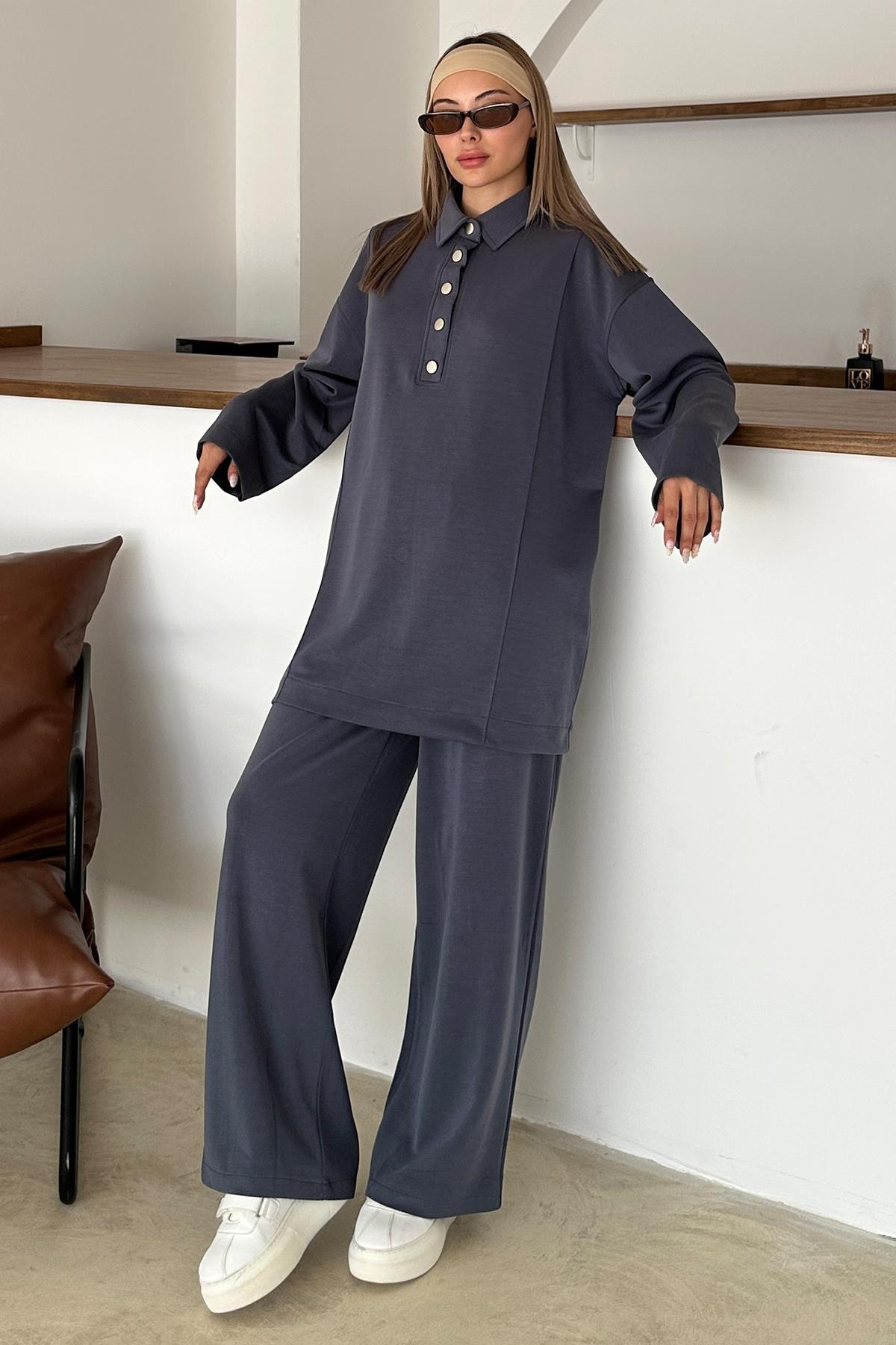 Gömlek Yaka Premium Örme Kumaş Tunik Pantolon Takım İNDİGO 9374-TK