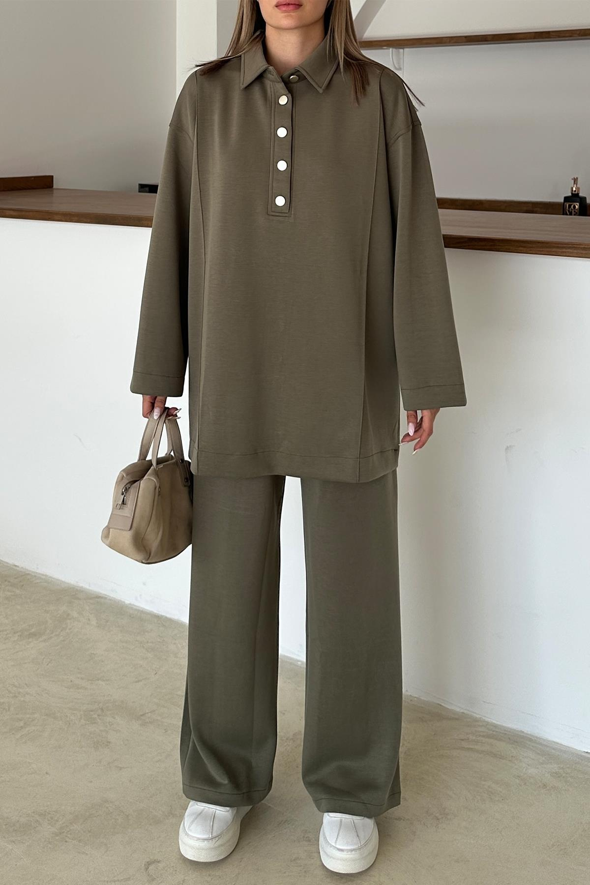 Gömlek Yaka Premium Örme Kumaş Tunik Pantolon Takım HAKİ 9374-TK