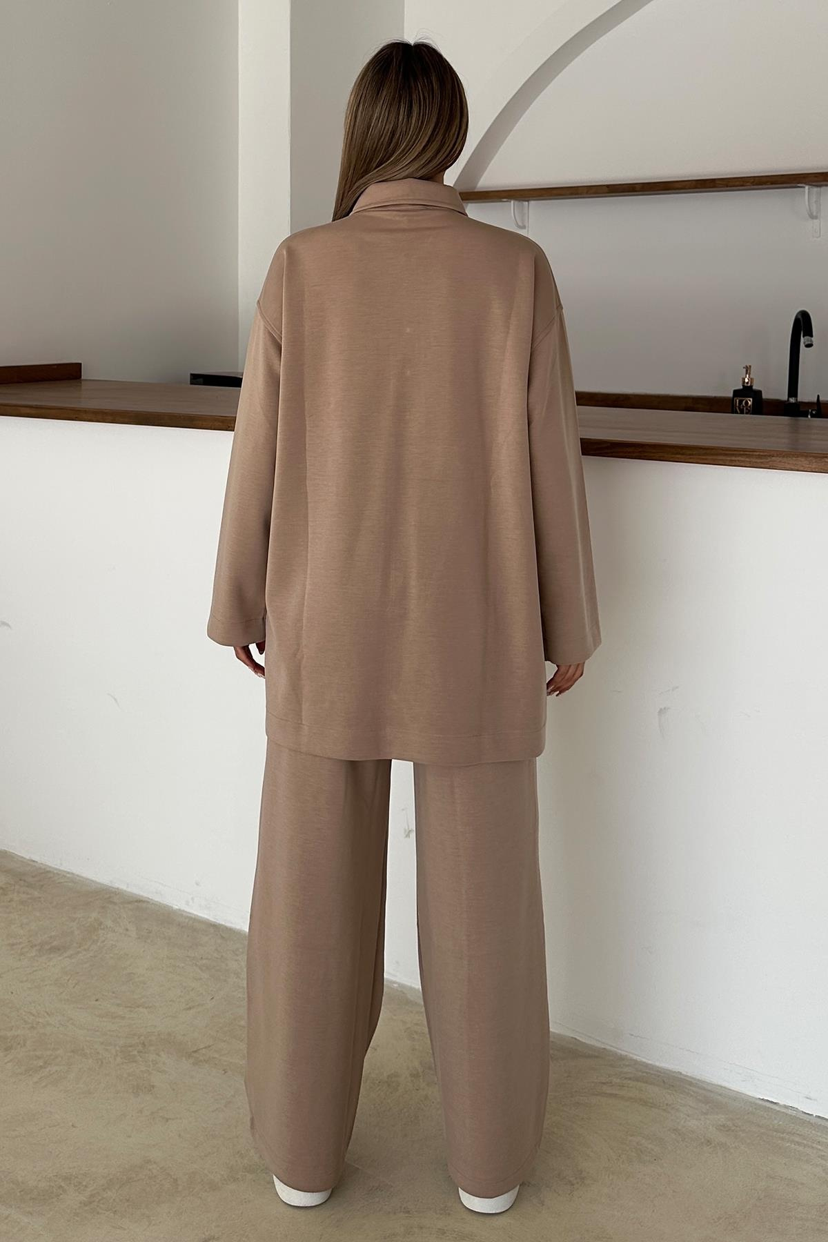 Gömlek Yaka Premium Örme Kumaş Tunik Pantolon Takım KAMEL 9374-TK