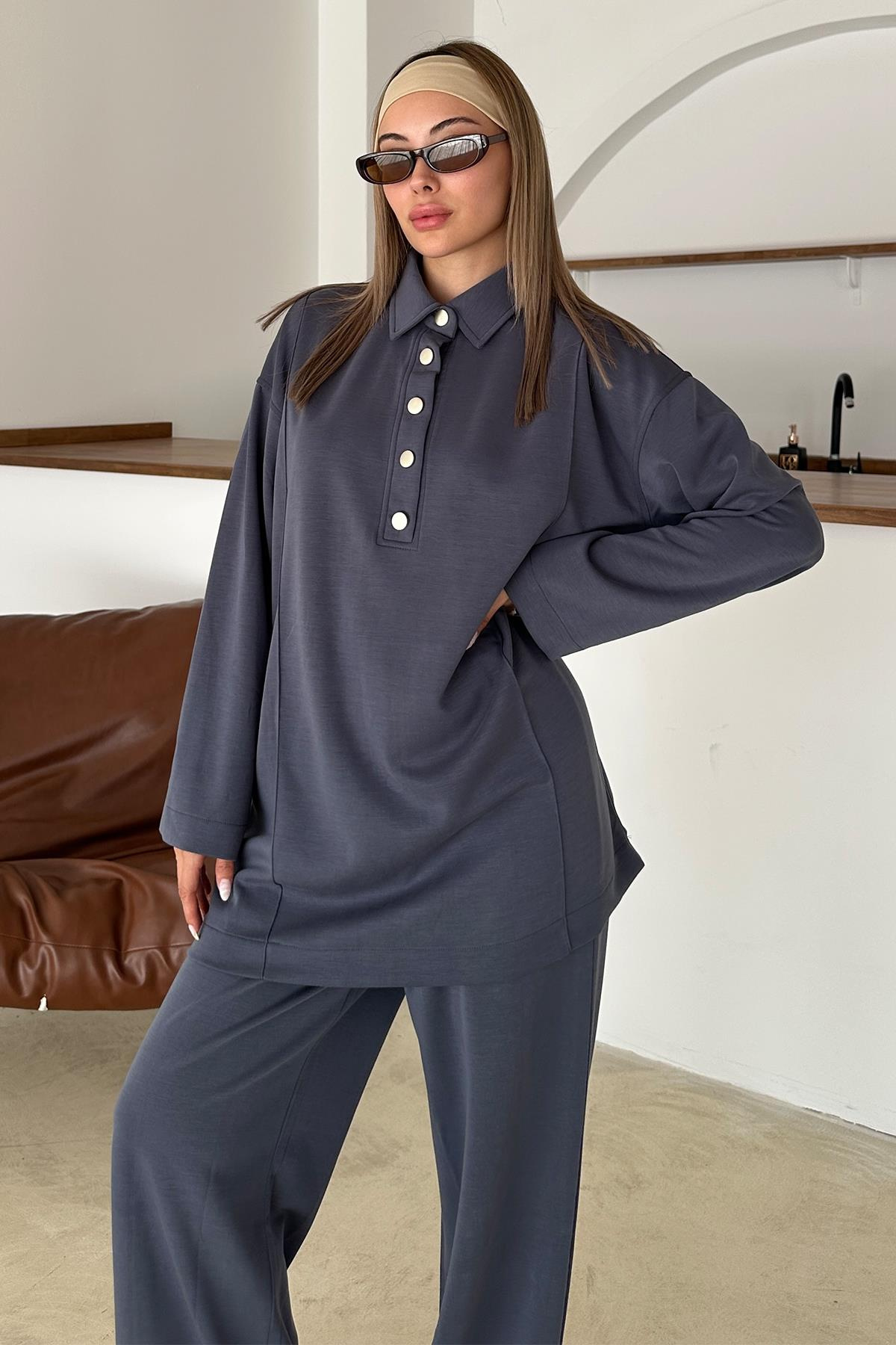 Gömlek Yaka Premium Örme Kumaş Tunik Pantolon Takım İNDİGO 9374-TK