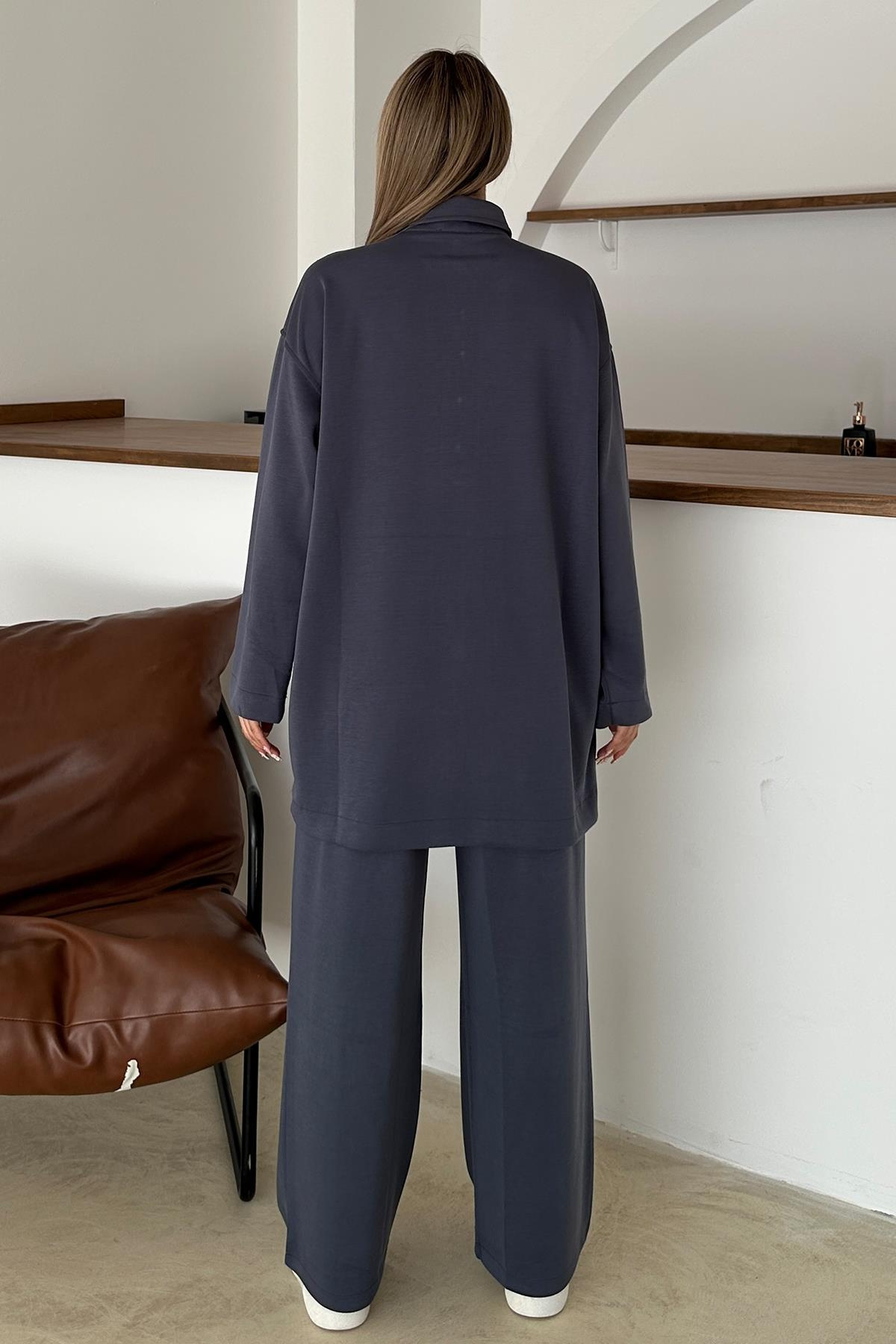 Gömlek Yaka Premium Örme Kumaş Tunik Pantolon Takım İNDİGO 9374-TK