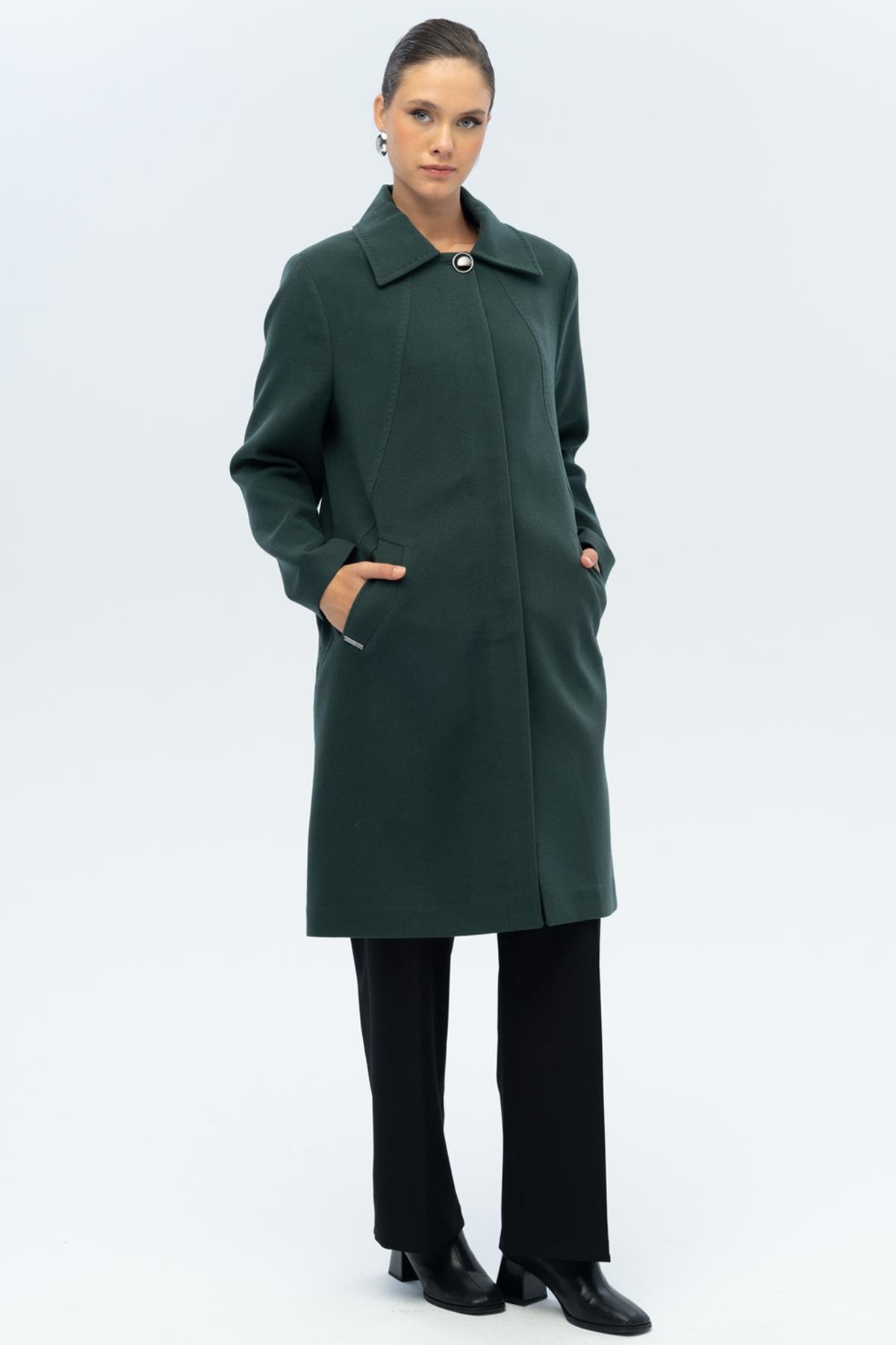 Gömlek Yaka Punto Detaylı Büyük Beden Kaban YEŞİL 3117