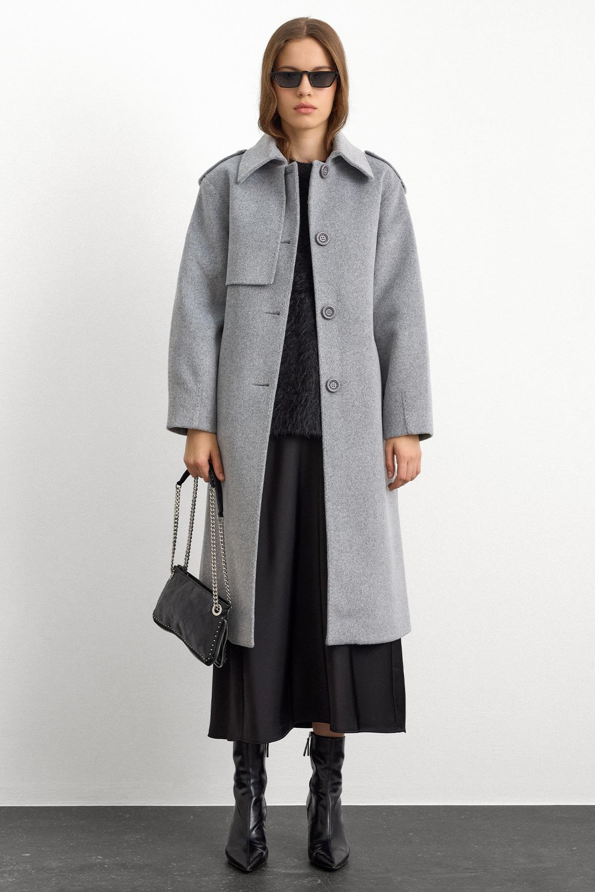 Gömlek Yaka Punto Dikiş Detaylı Premium Kaban AÇIK GRİ 3125