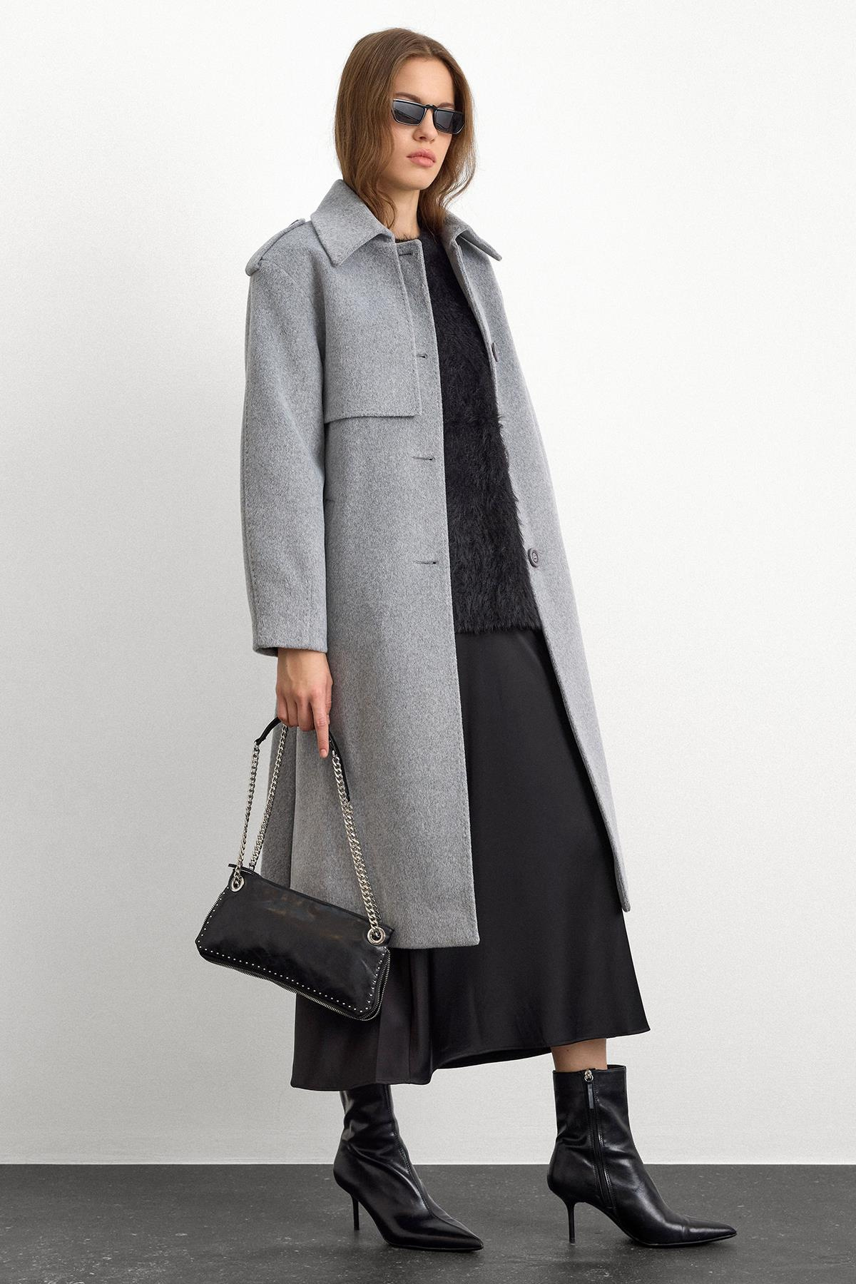 Gömlek Yaka Punto Dikiş Detaylı Premium Kaban AÇIK GRİ 3125