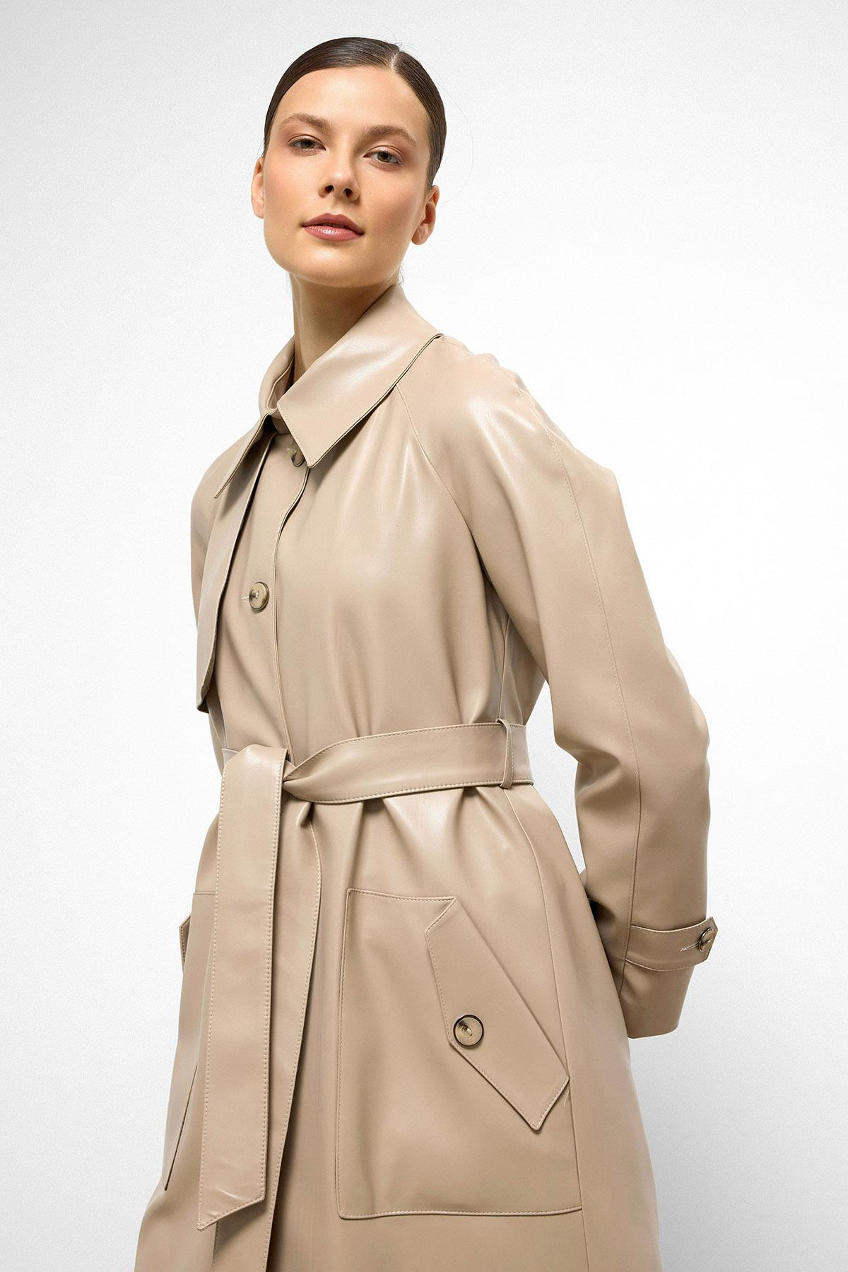 Shirt Collar Raglan Sleeve Cape and Bag Pocket Detailed Leather Trench Coat STONE 6760