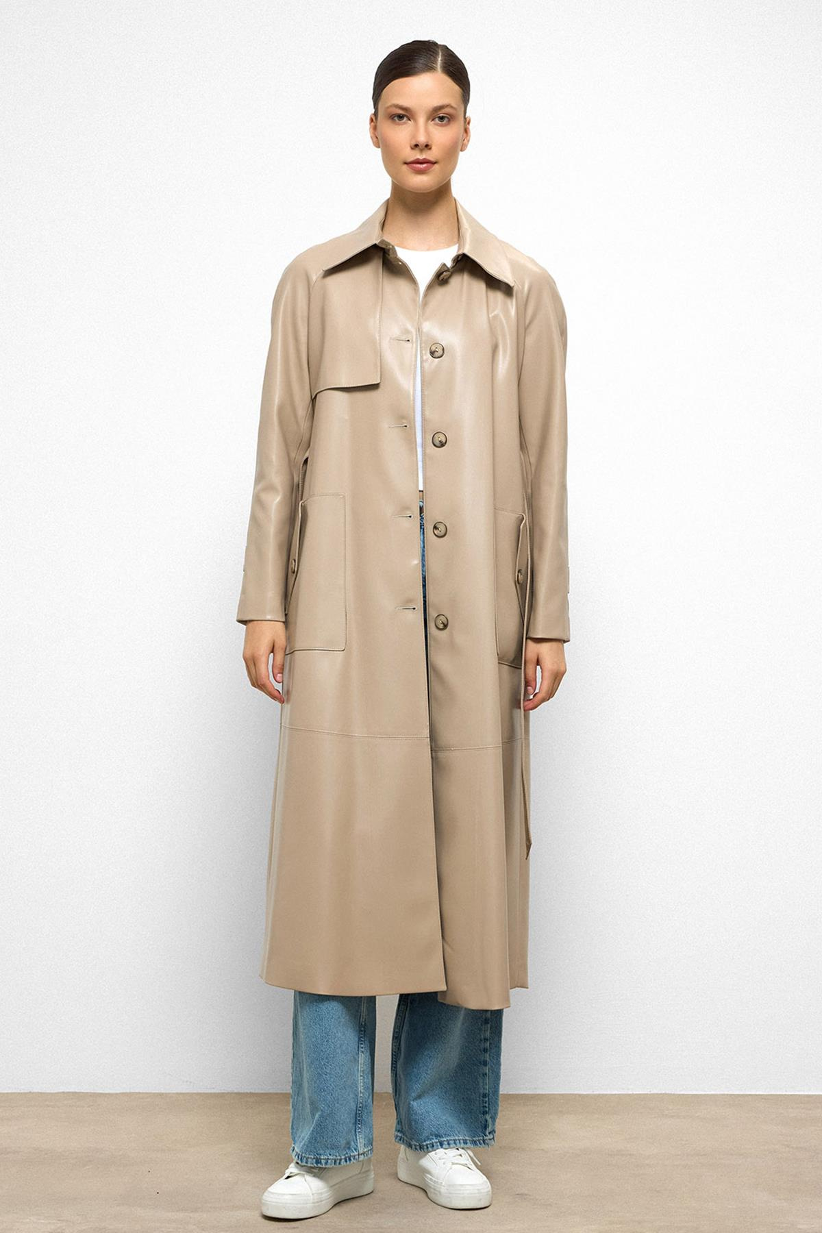 Shirt Collar Raglan Sleeve Cape and Bag Pocket Detailed Leather Trench Coat STONE 6760
