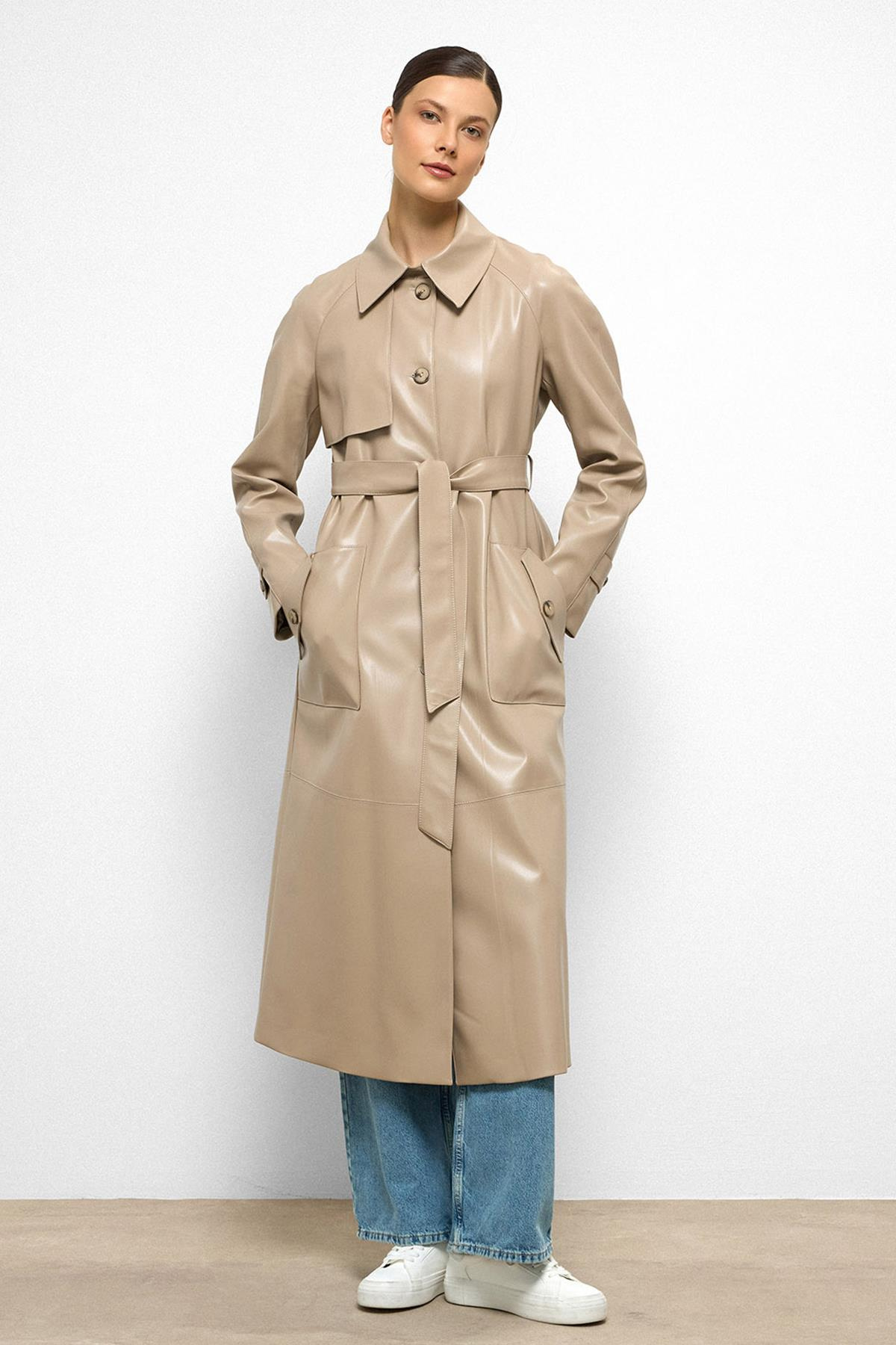 Shirt Collar Raglan Sleeve Cape and Bag Pocket Detailed Leather Trench Coat STONE 6760