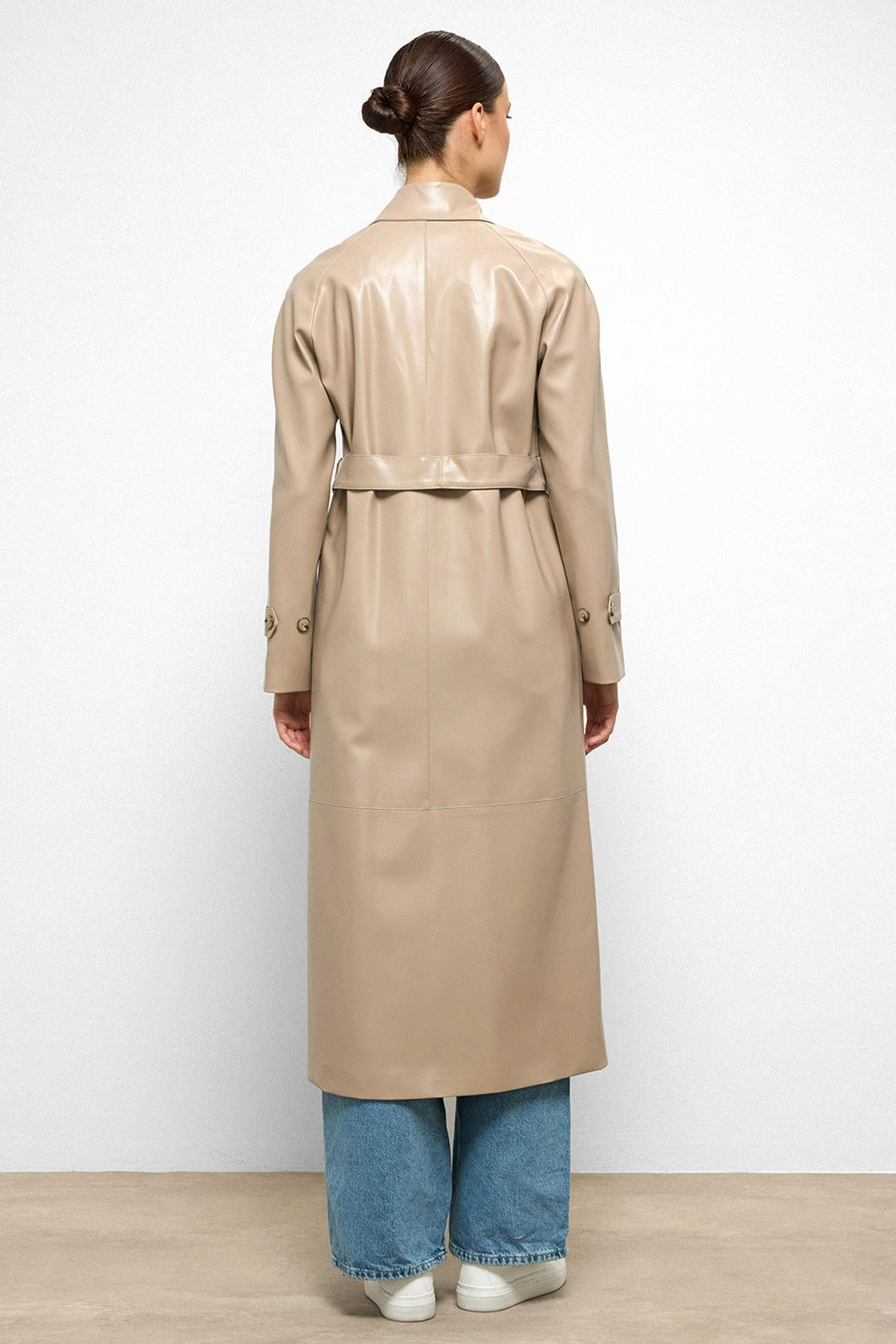 Shirt Collar Raglan Sleeve Cape and Bag Pocket Detailed Leather Trench Coat STONE 6760