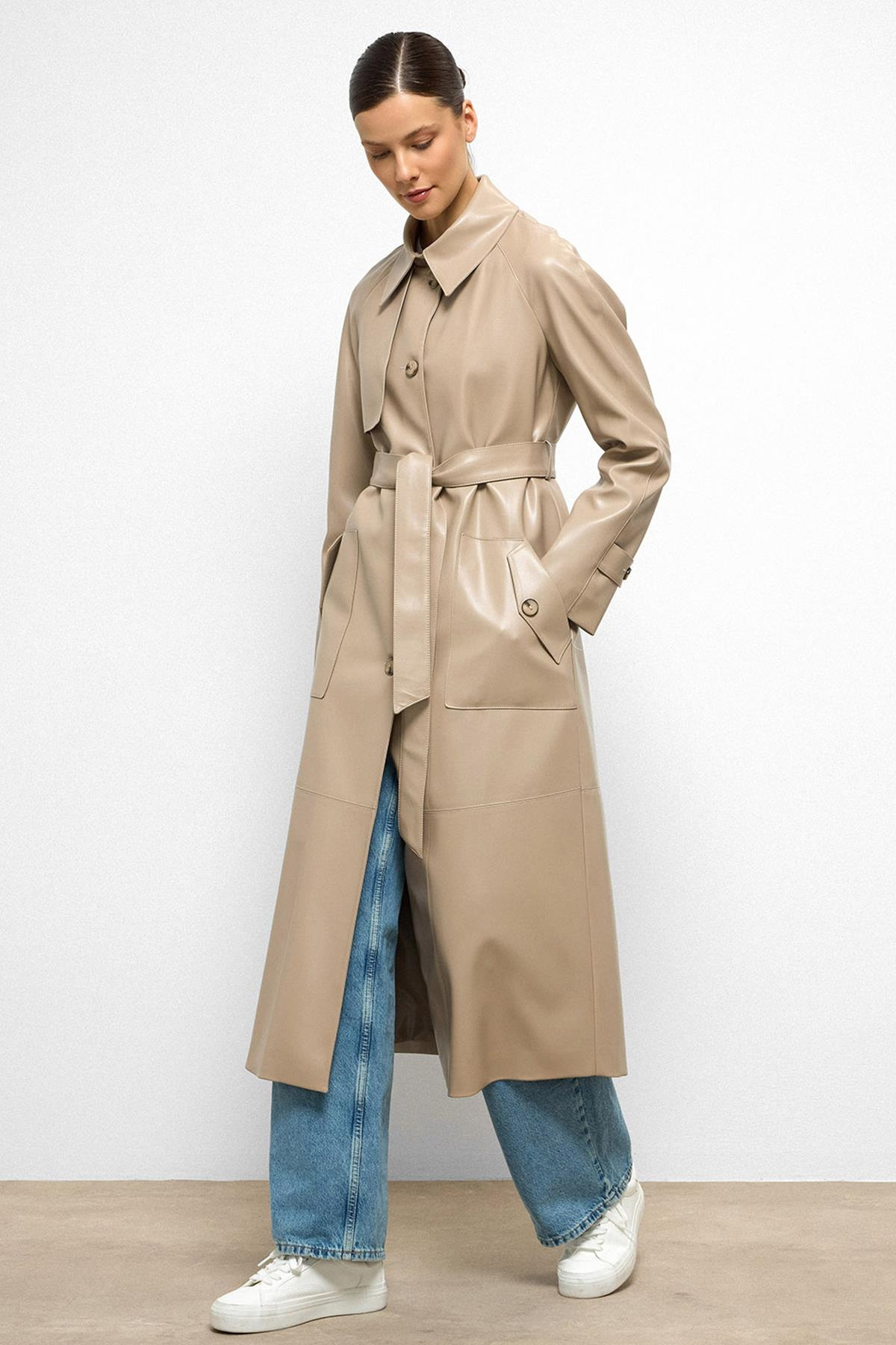 Shirt Collar Raglan Sleeve Cape and Bag Pocket Detailed Leather Trench Coat STONE 6760