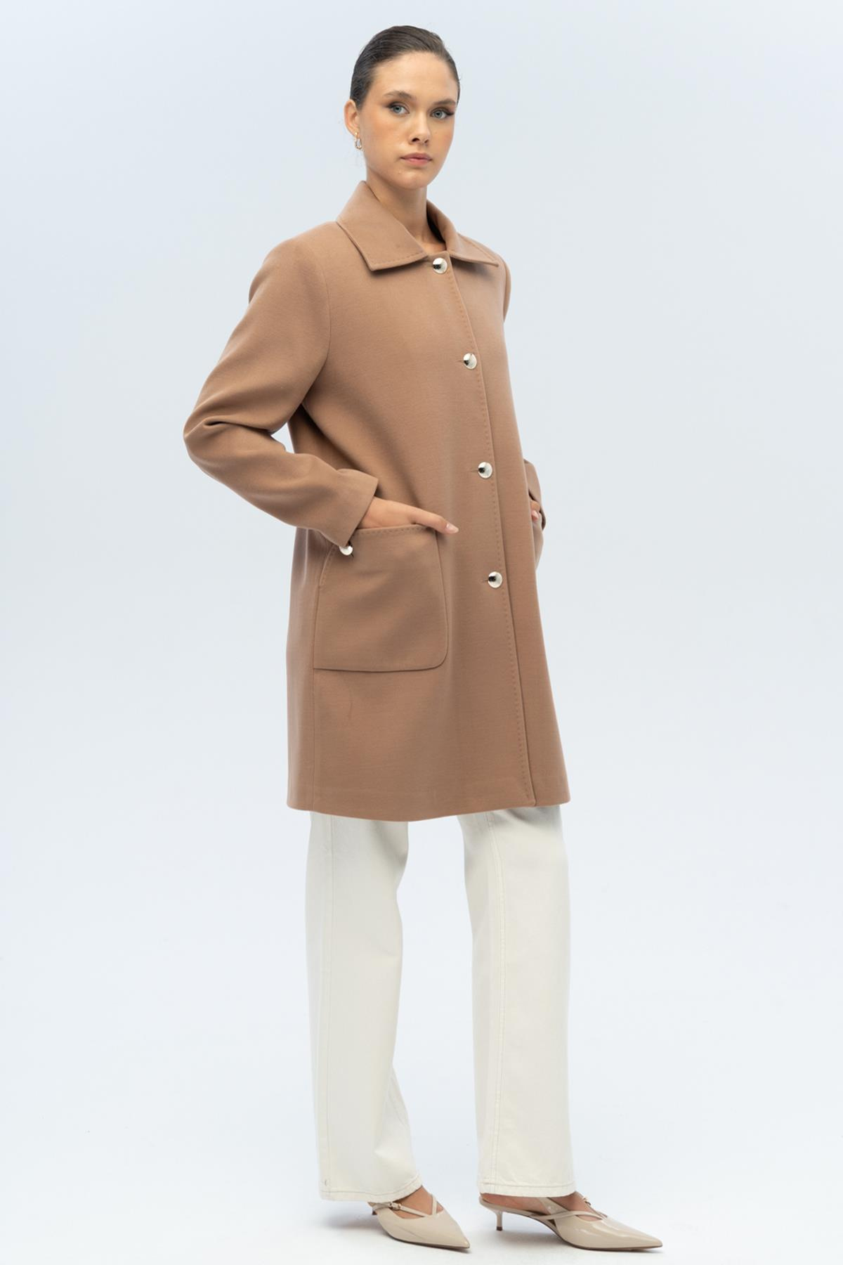 Gömlek Yaka Torba Cep Detaylı Büyük Beden Kaban KAMEL 3132