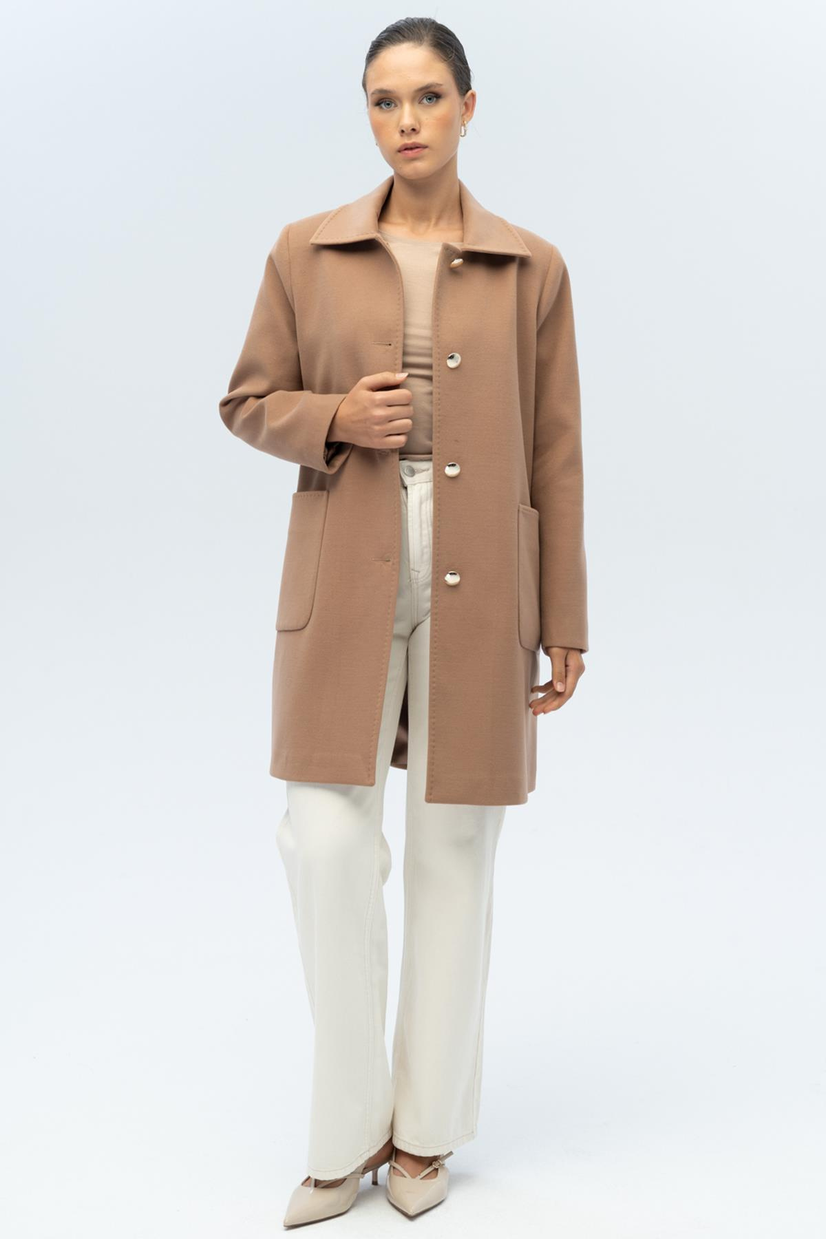 Gömlek Yaka Torba Cep Detaylı Büyük Beden Kaban KAMEL 3132