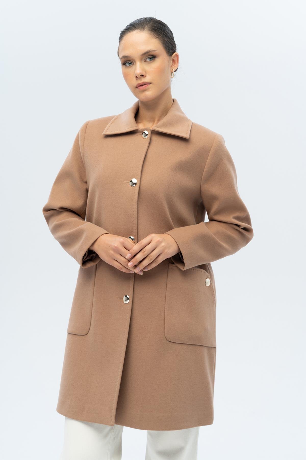 Gömlek Yaka Torba Cep Detaylı Büyük Beden Kaban KAMEL 3132