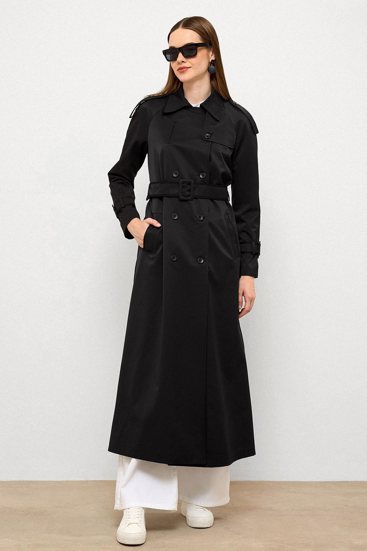 Grogren Detaylı Su İtici Özellikli Uzun Trençkot SİYAH 6778