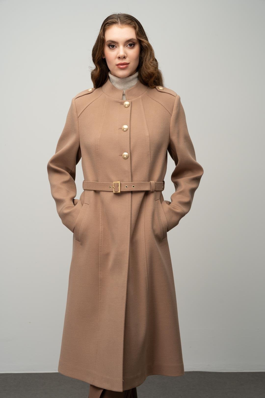 A-Line Coat with Judge Collar and Epaulette Detail CAMEL 3048