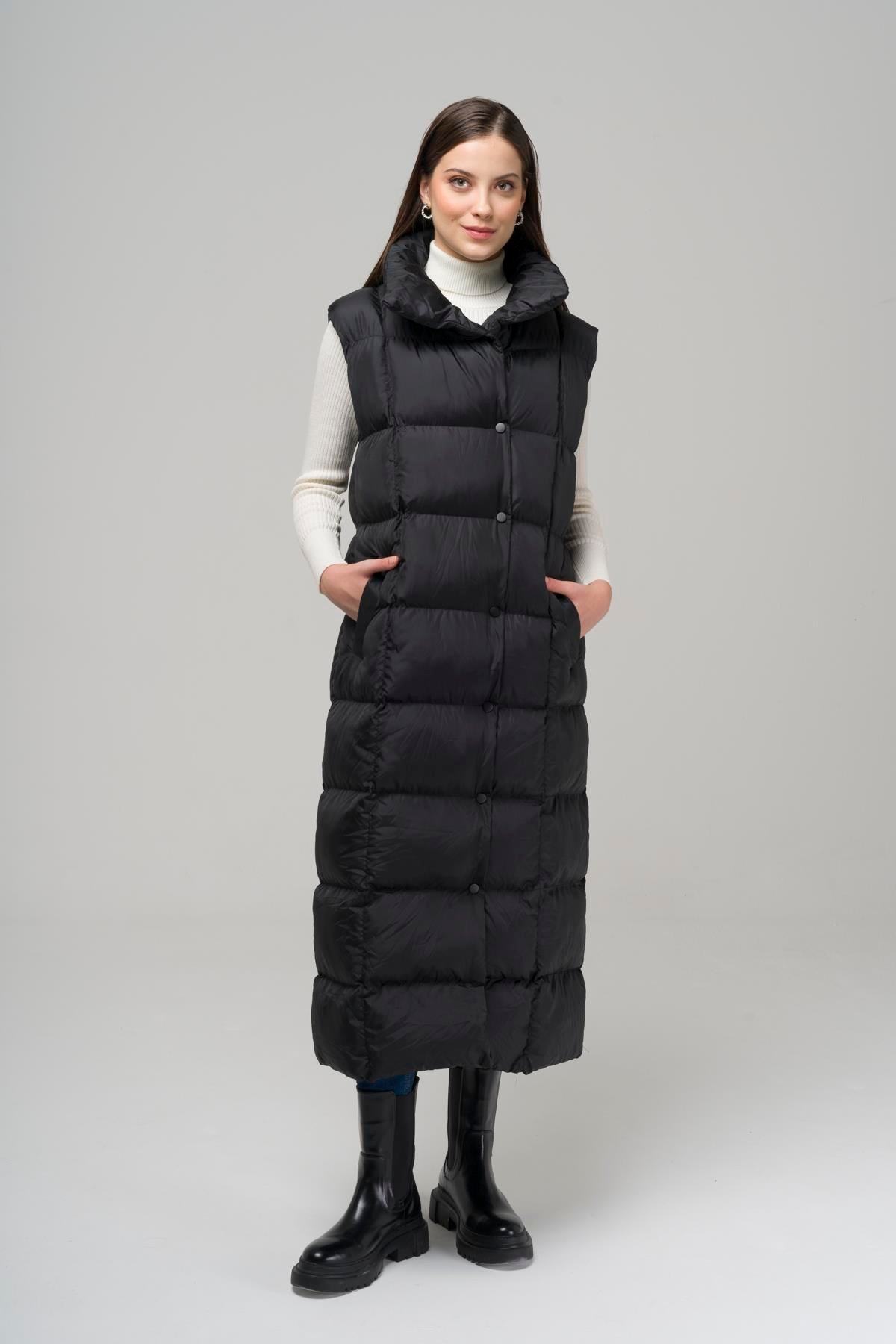 Hakim Yaka Çıt Çıt Kapamalı Uzun Şişme Yelek SİYAH 8229