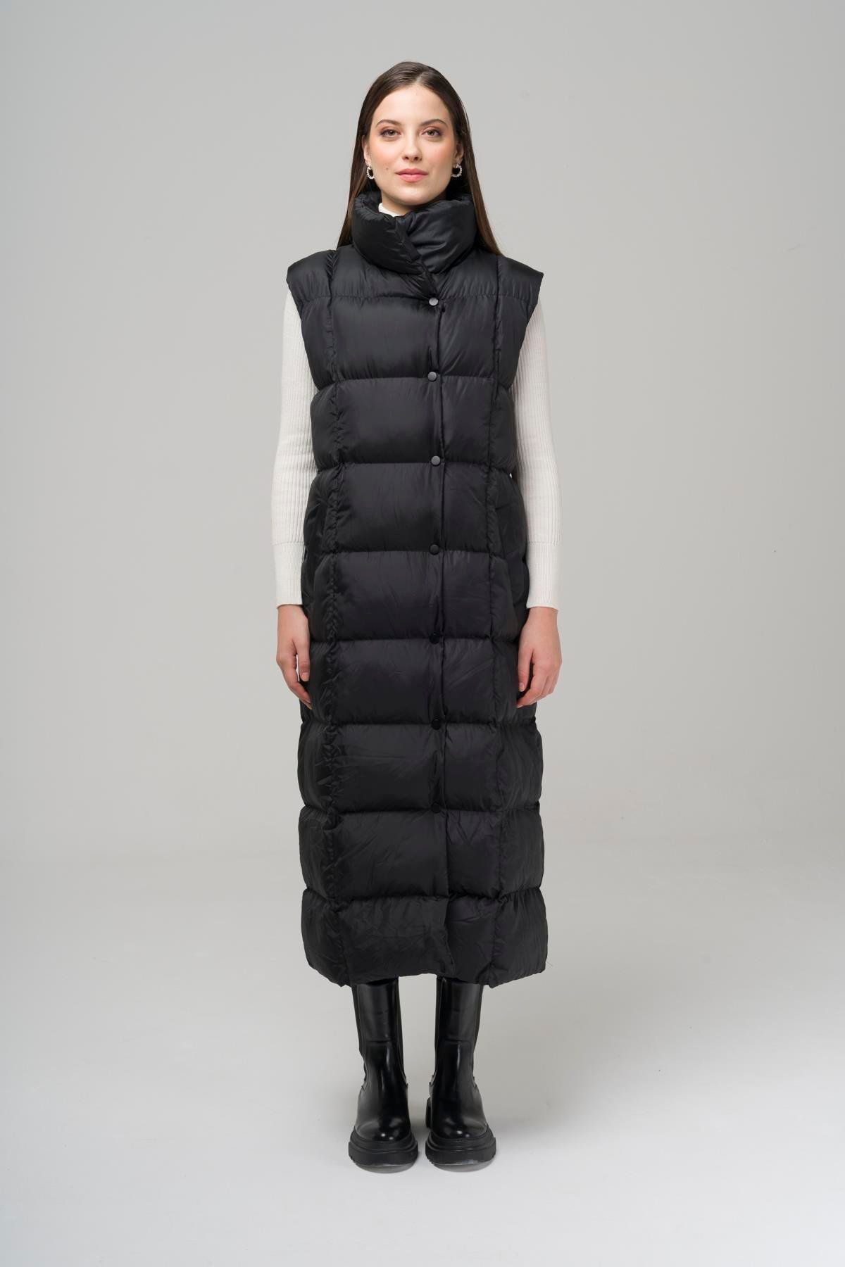 Hakim Yaka Çıt Çıt Kapamalı Uzun Şişme Yelek SİYAH 8229