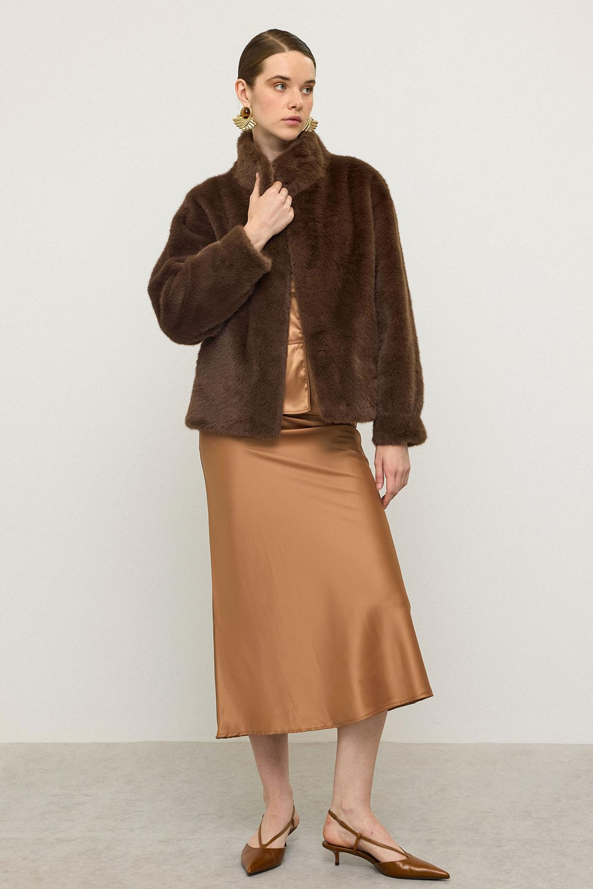 Hakim Yaka Exclusive Kürk Görünümlü Ceket KAHVE 1005