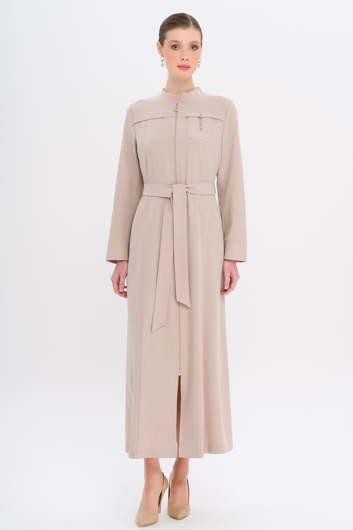 Grandad Collar Zipper Closure Pattern Detailed Unlined Topcoat STONE 6715