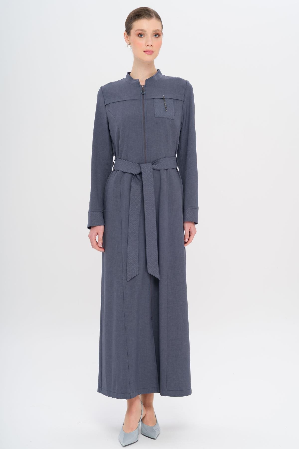 Grandad Collar Zipper Closure Pattern Detailed Unlined Topcoat İNDİGO 6715