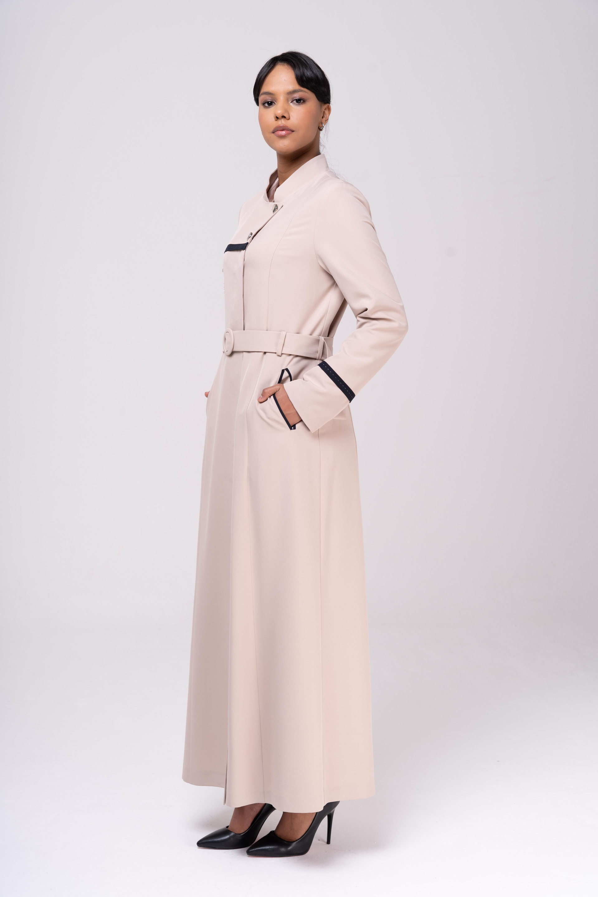 Hakim Yaka Garnili Punto ve Aksesuar Detaylı Astarlı Pardesü BEJ 6550