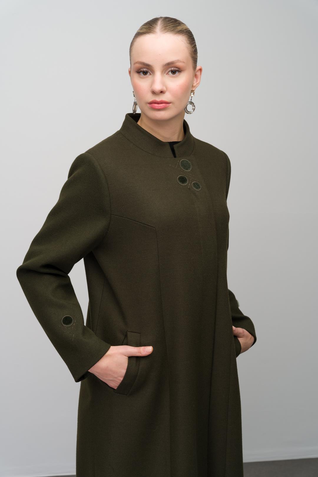 Hakim Yaka İşleme Detaylı Yün Karışımlı Büyük Beden Pardesü HAKİ 6632