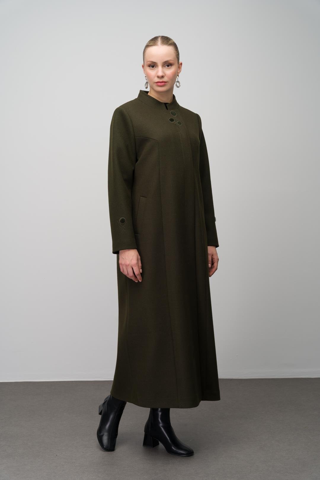 Hakim Yaka İşleme Detaylı Yün Karışımlı Büyük Beden Pardesü HAKİ 6632