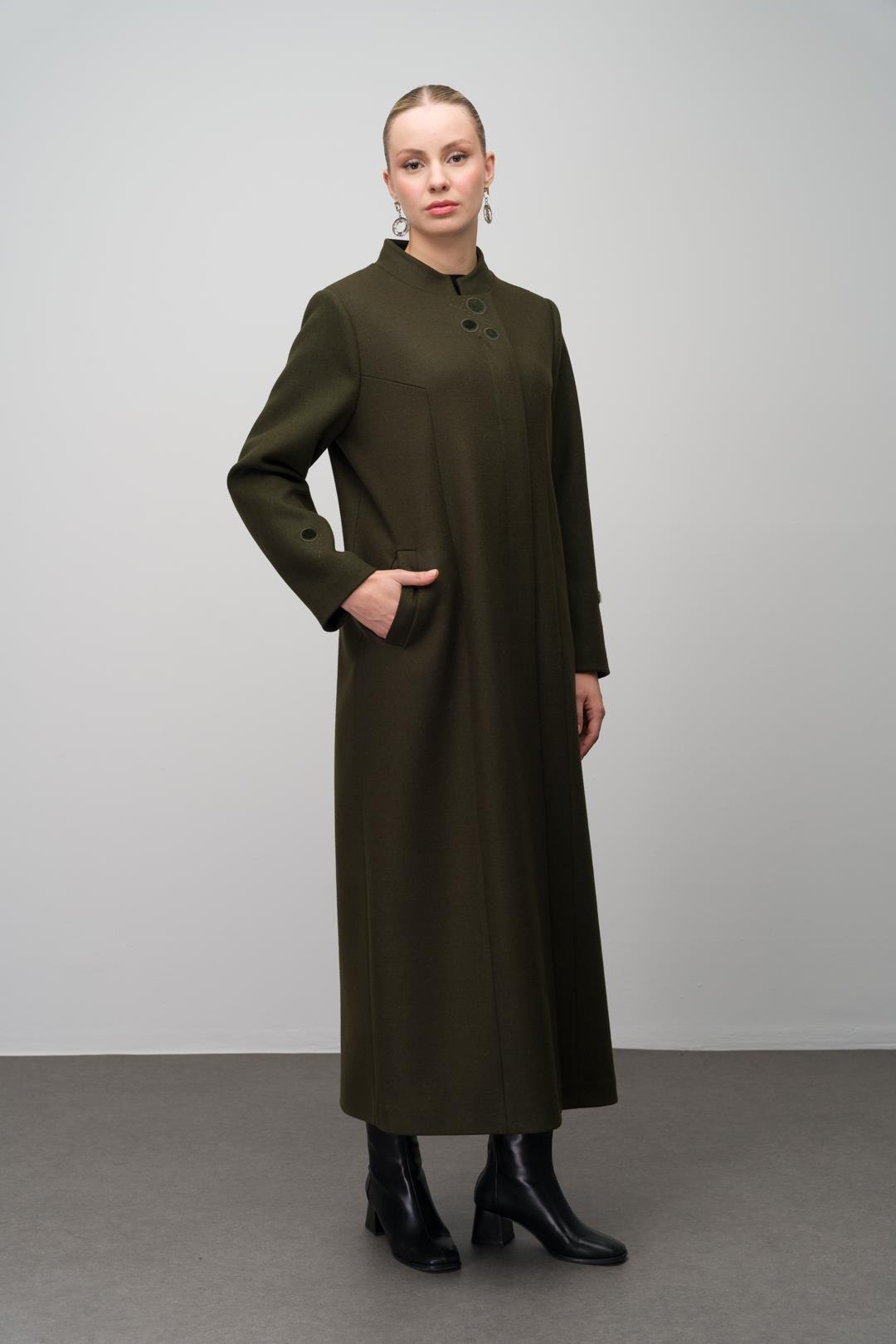 Hakim Yaka İşleme Detaylı Yün Karışımlı Büyük Beden Pardesü HAKİ 6632