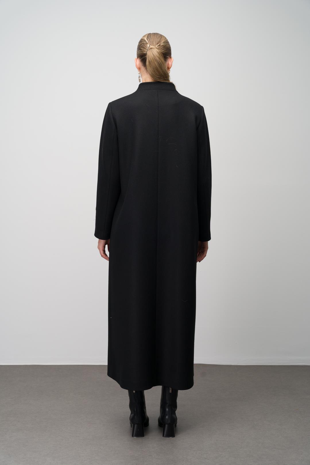 Hakim Yaka İşleme Detaylı Yün Karışımlı Büyük Beden Pardesü SİYAH 6632