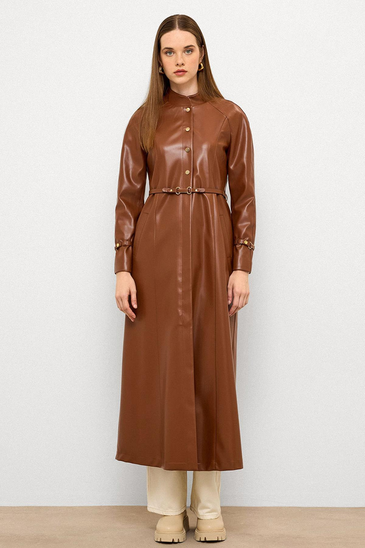 Hakim Yaka Kemer Detaylı Uzun Deri Trençkot TABA 6775