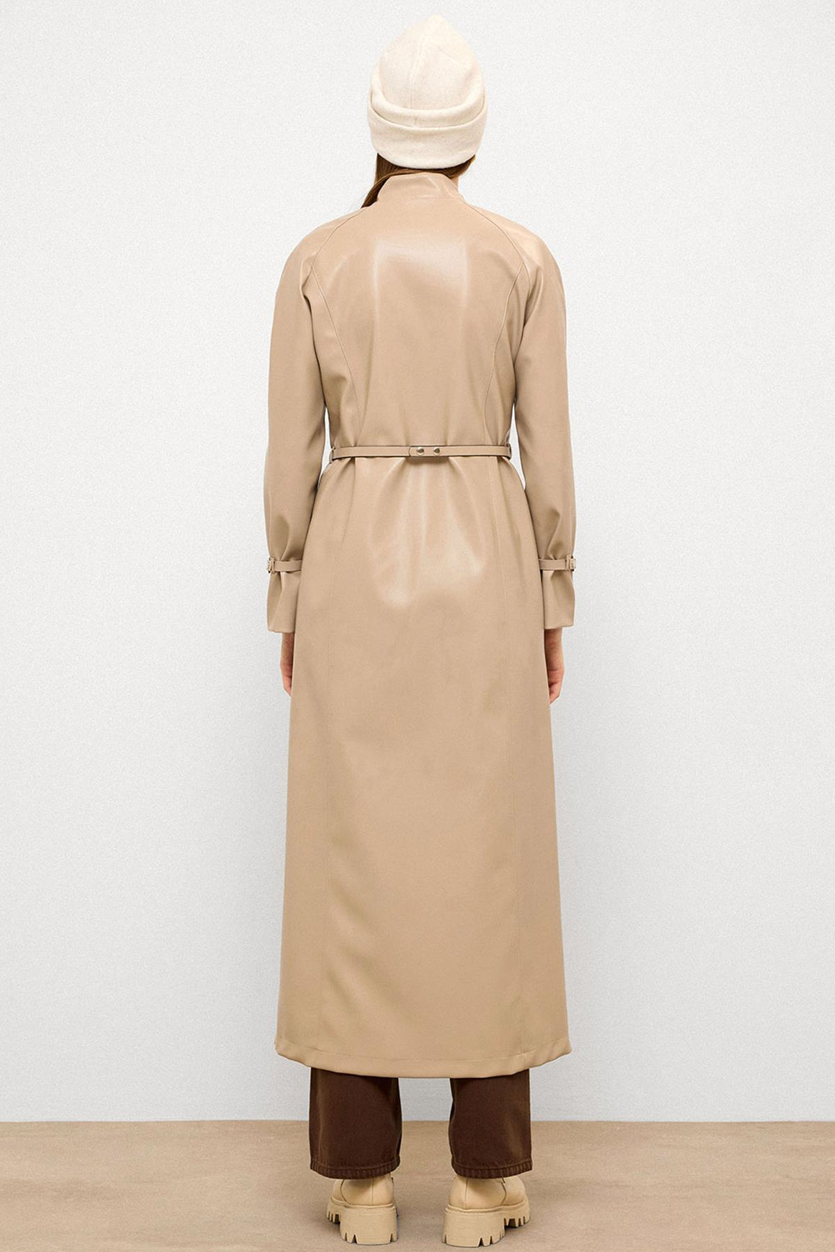 Hakim Yaka Kemer Detaylı Uzun Deri Trençkot TAŞ 6775