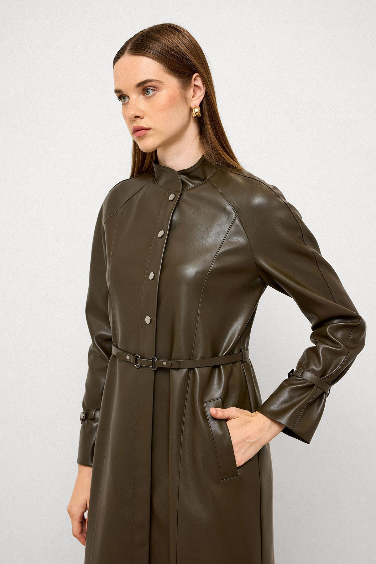 Hakim Yaka Kemer Detaylı Uzun Deri Trençkot HAKİ 6775