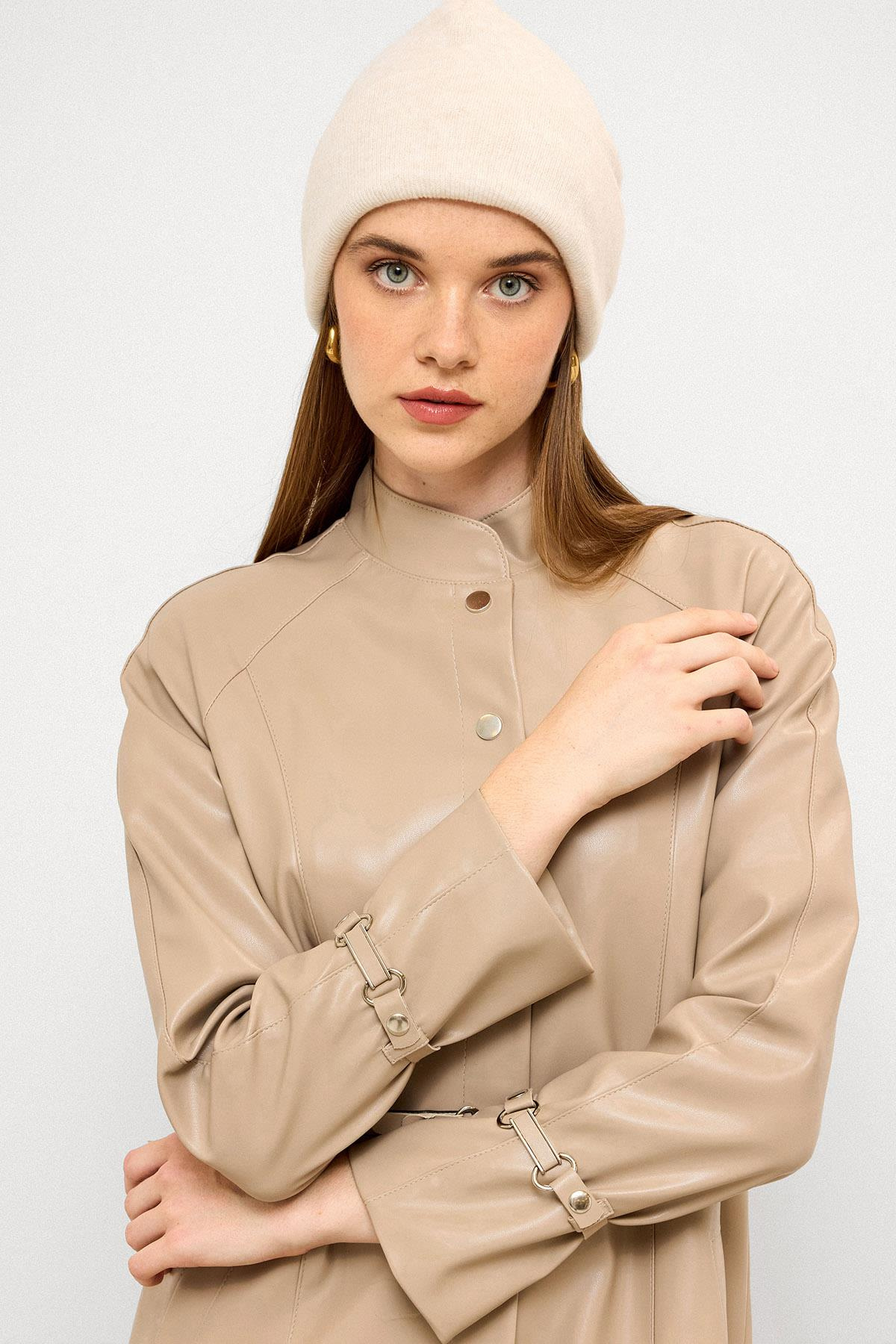 Hakim Yaka Kemer Detaylı Uzun Deri Trençkot TAŞ 6775