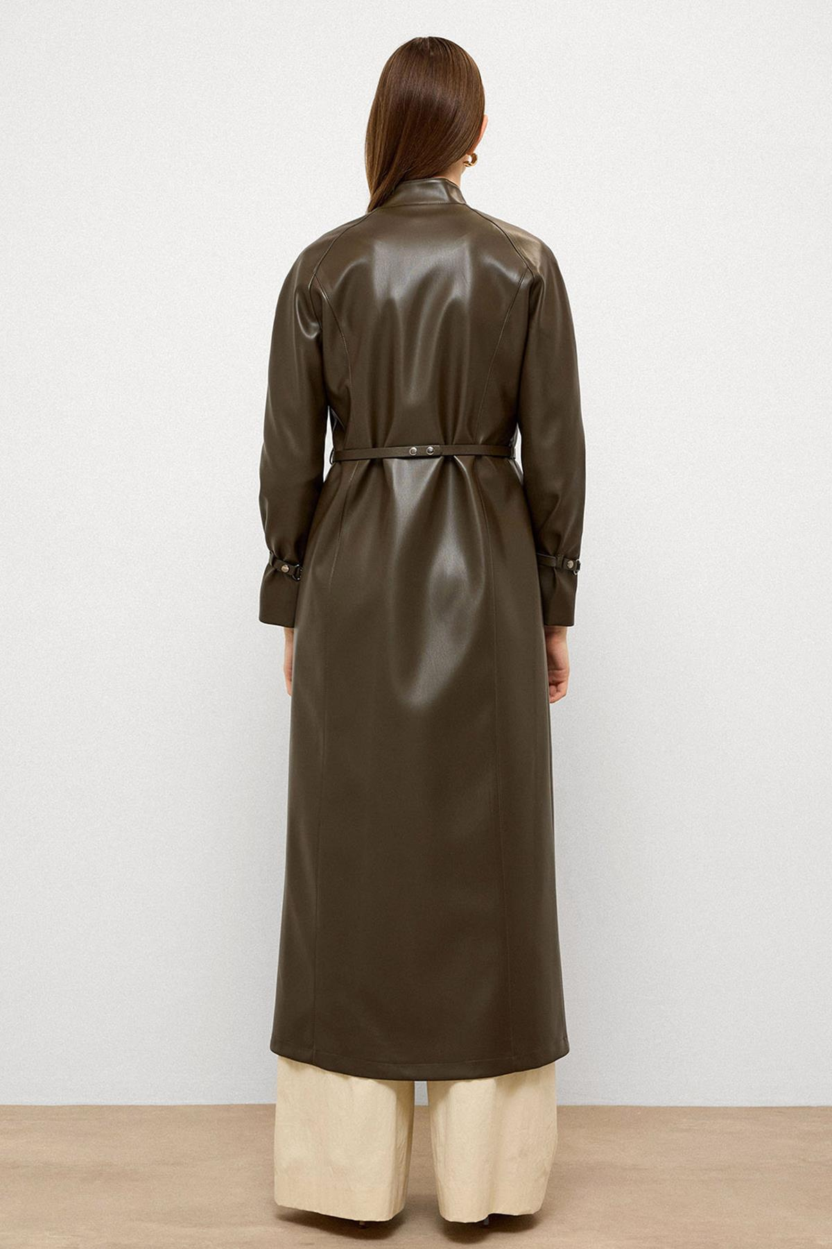 Hakim Yaka Kemer Detaylı Uzun Deri Trençkot HAKİ 6775