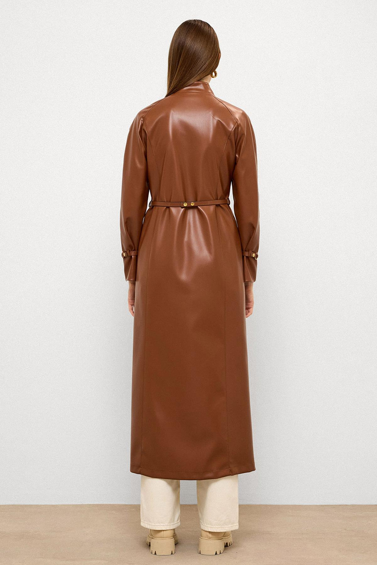 Hakim Yaka Kemer Detaylı Uzun Deri Trençkot TABA 6775