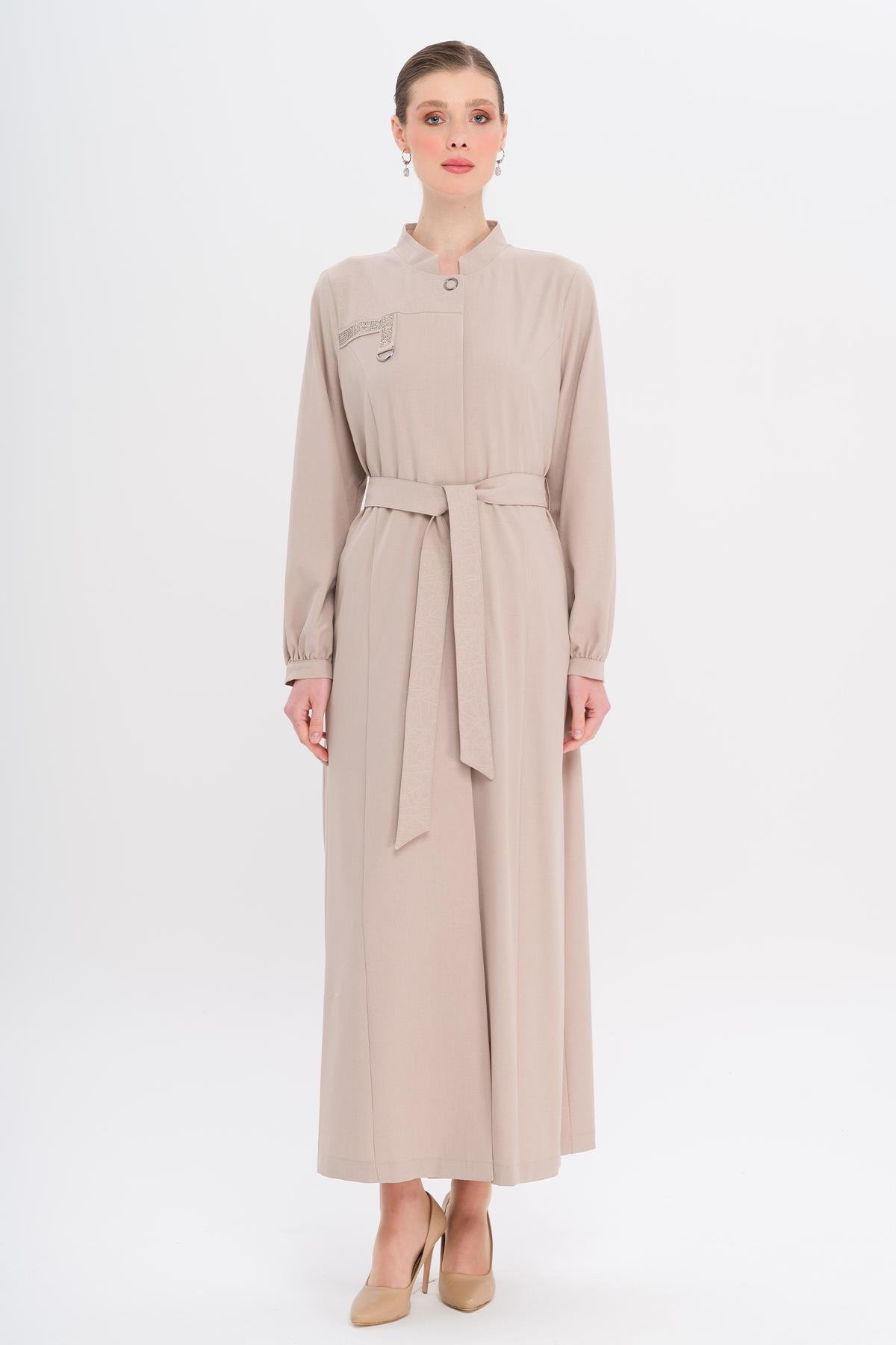 معطف بدون بطانة بياقة جد مع تفاصيل حجرية ونقشة حجر 6716