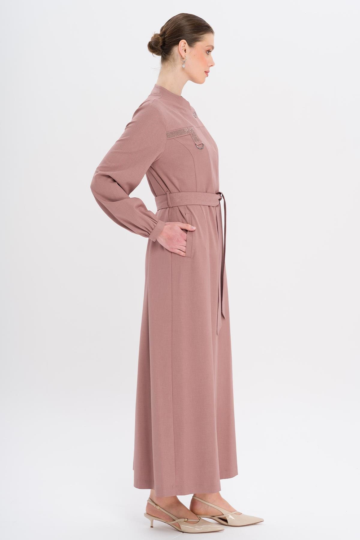 Hakim Yaka Taş ve Desen Detaylı Astarsız Pardesü GÜL KURUSU 6716