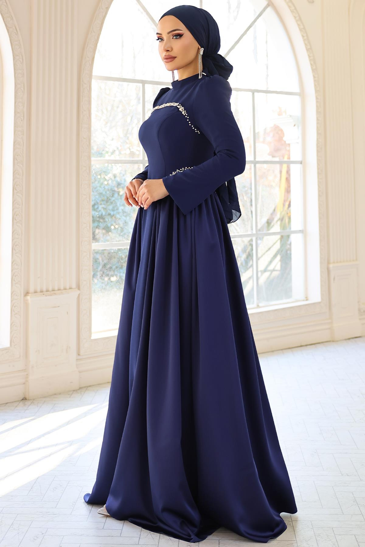 İnci Detaylı Krep ve Saten Kombinli Kloş Tesettür LACİVERT 1686