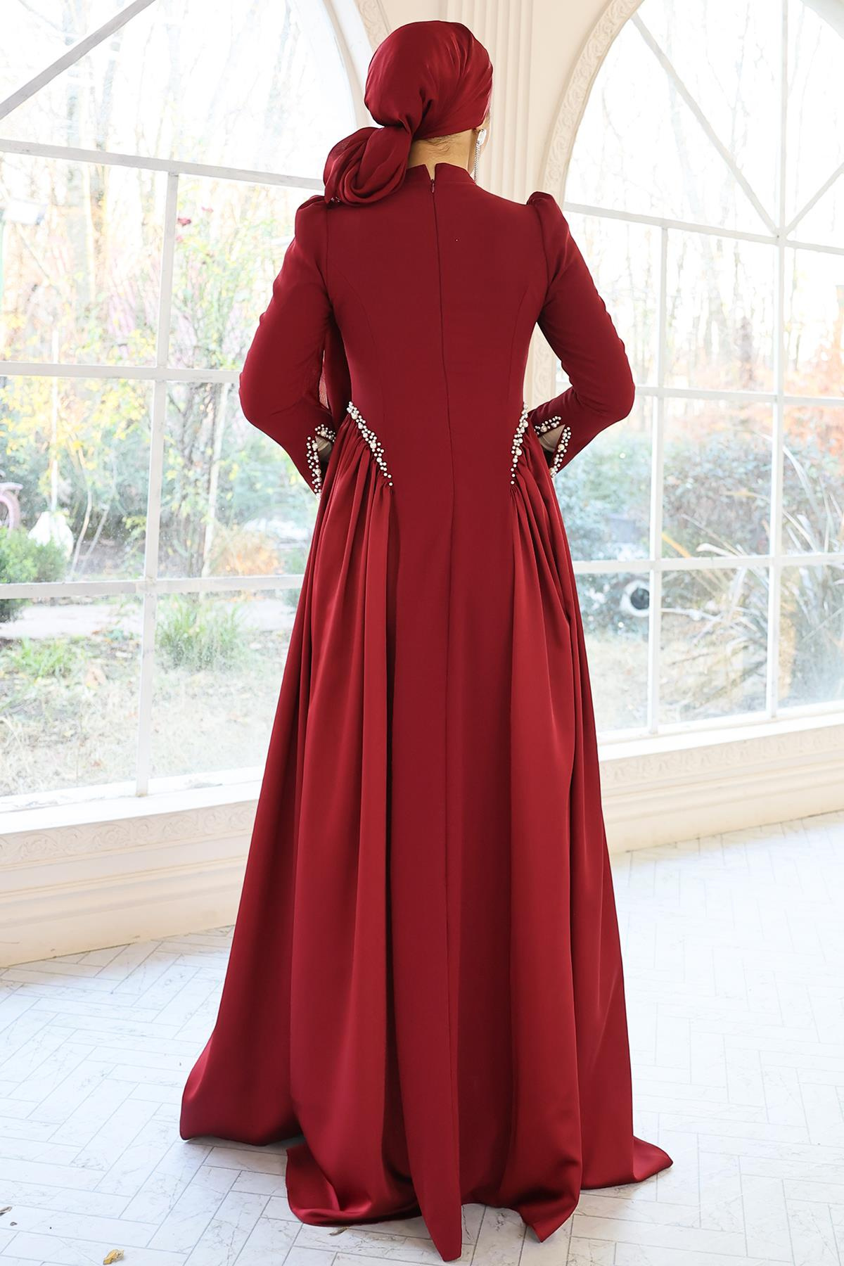 İnci Detaylı Krep ve Saten Kombinli Kloş Tesettür BORDO 1686