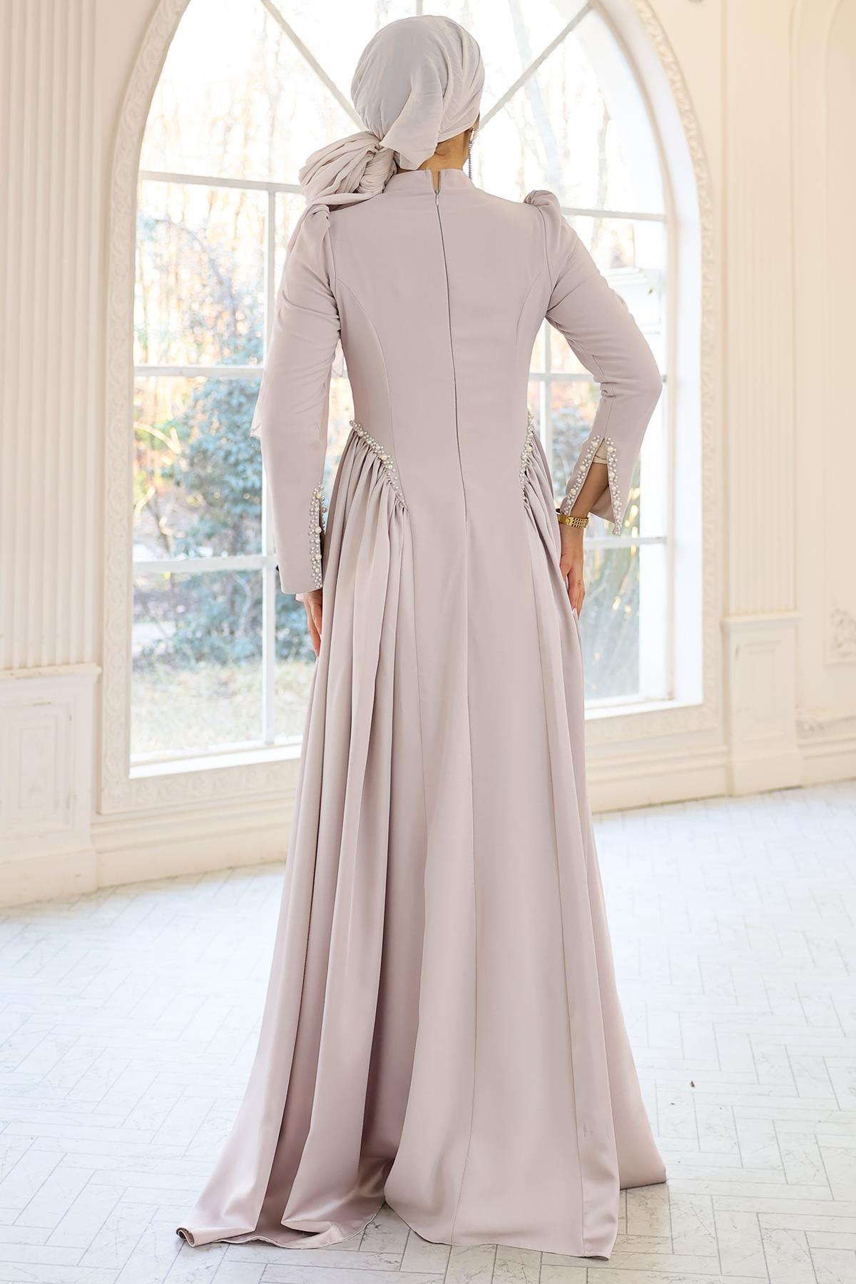 İnci Detaylı Krep ve Saten Kombinli Kloş Tesettür TAŞ 1686