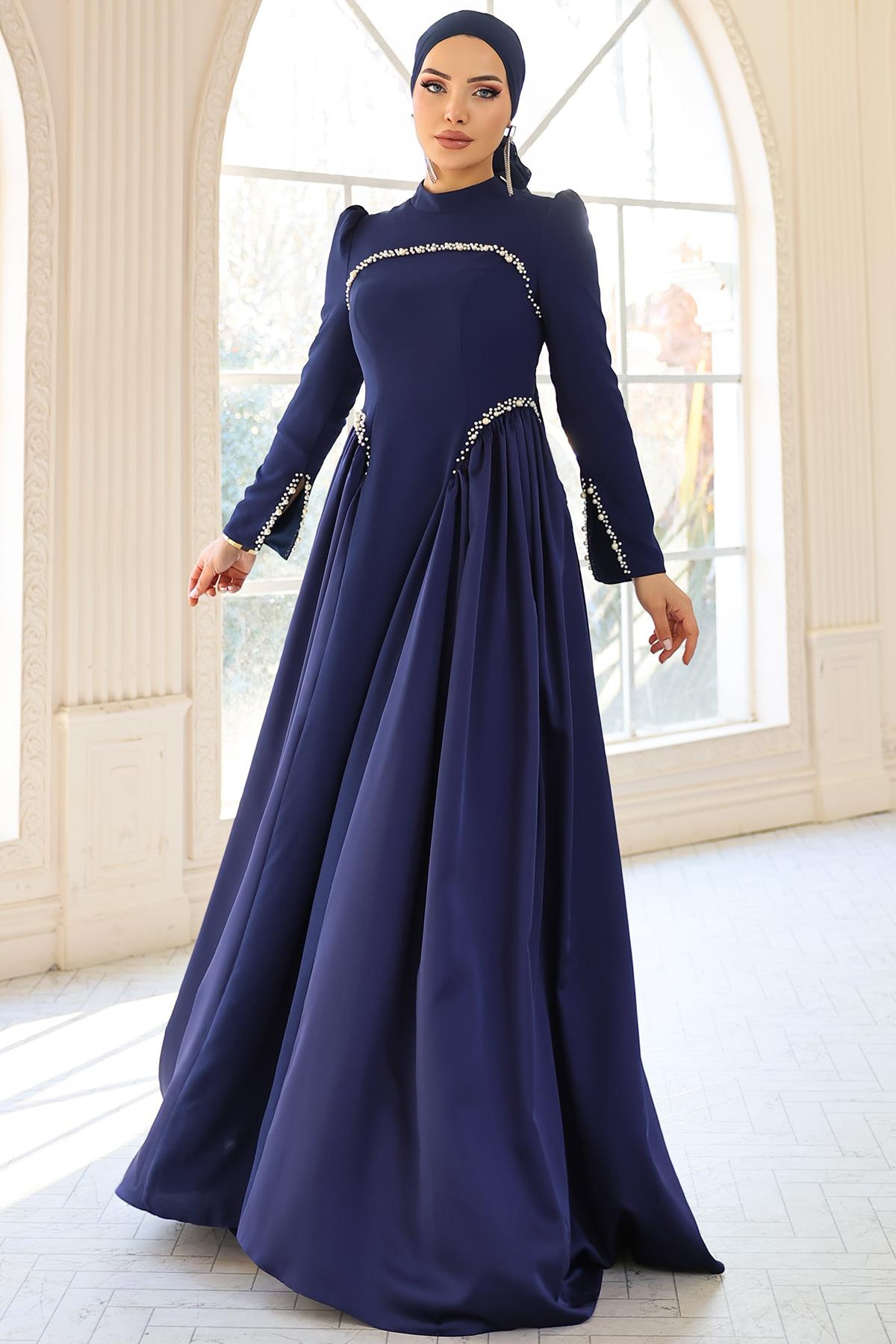 İnci Detaylı Krep ve Saten Kombinli Kloş Tesettür LACİVERT 1686