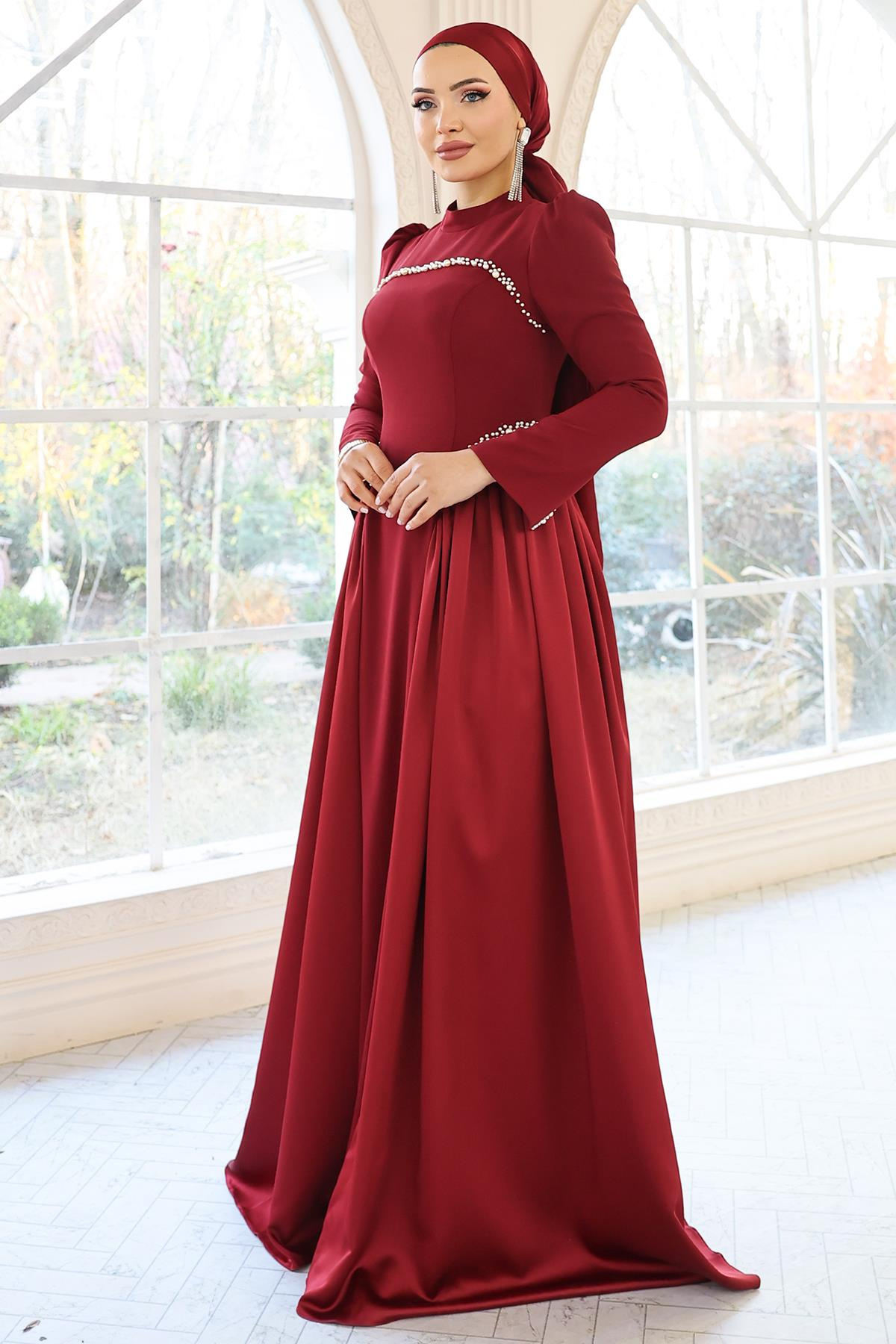 İnci Detaylı Krep ve Saten Kombinli Kloş Tesettür BORDO 1686