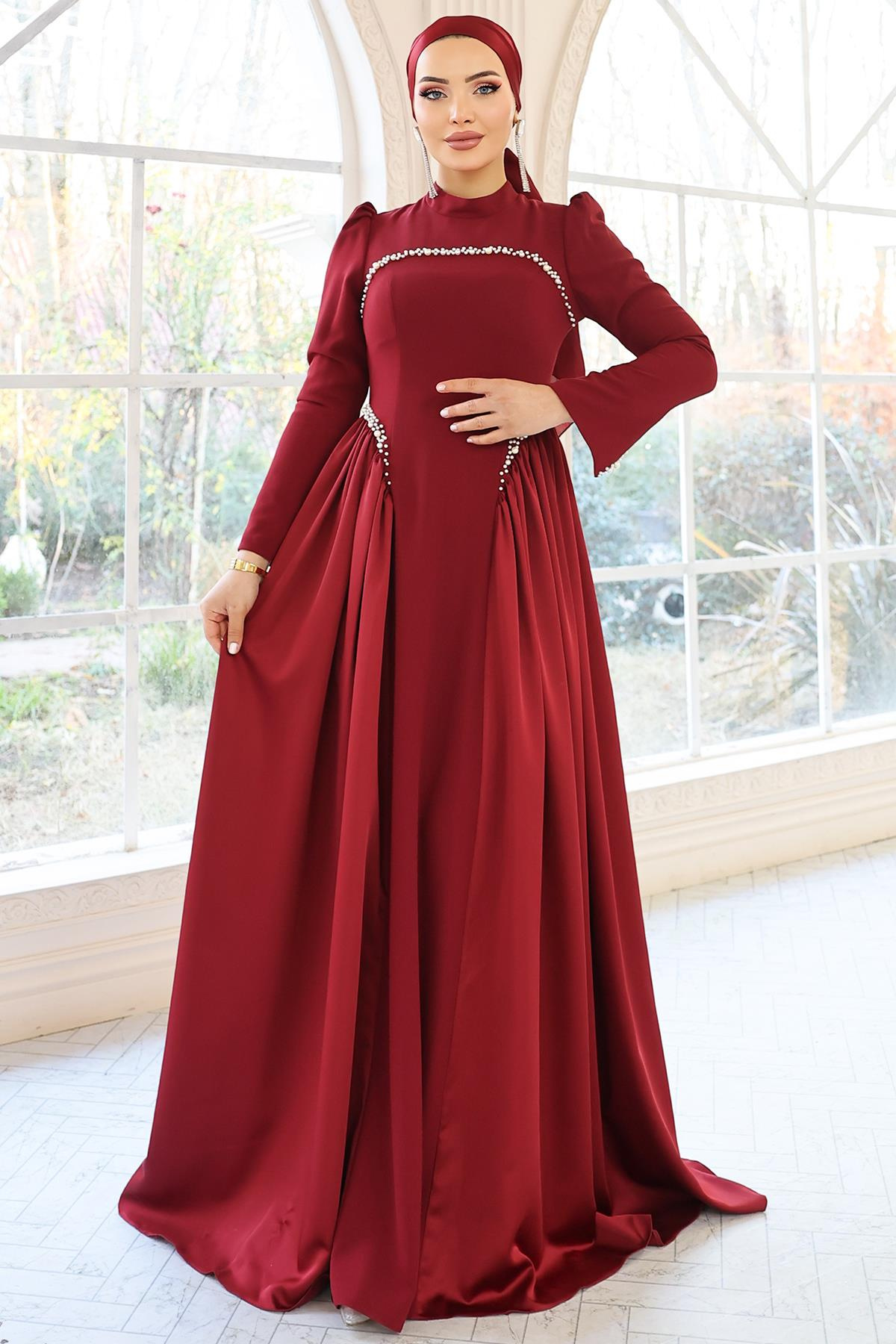 İnci Detaylı Krep ve Saten Kombinli Kloş Tesettür BORDO 1686